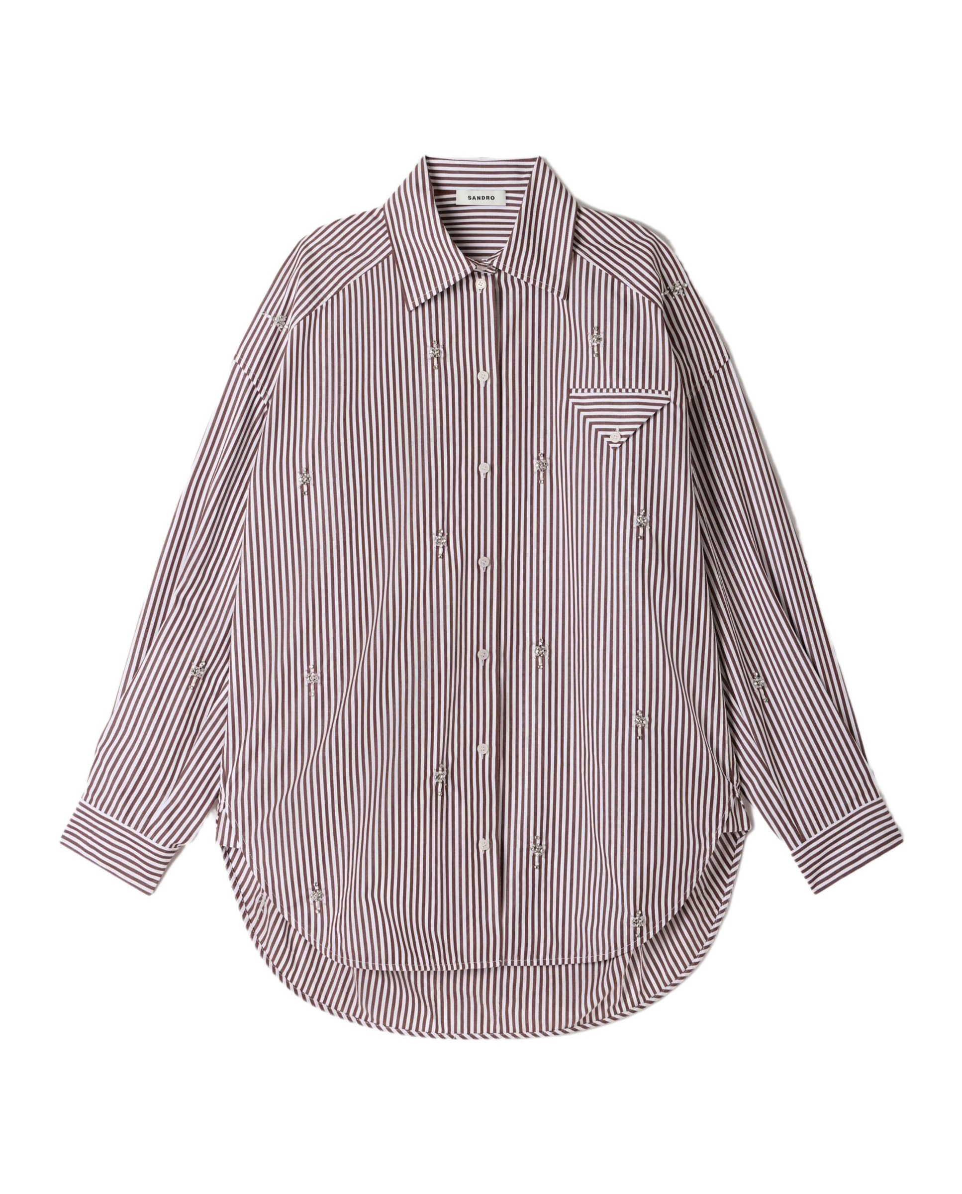Camisa de mujer 100% algodón oversize a rayas y strass bordado - Sandro - Marrón Marrón-7