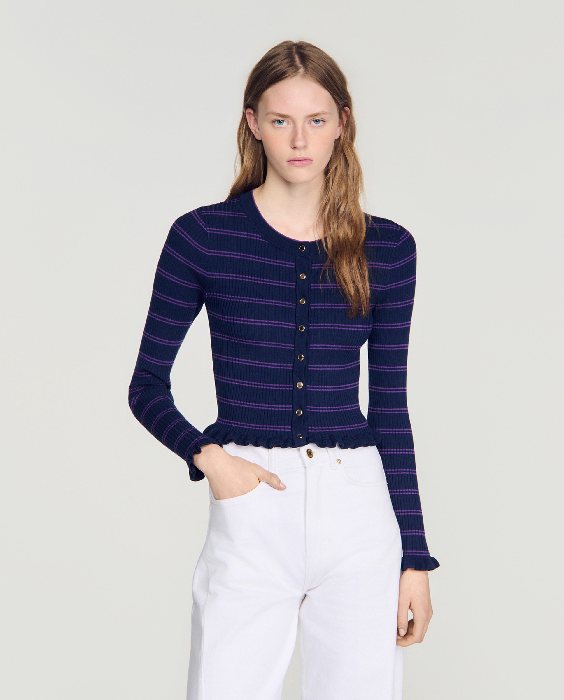 Cárdigan de punto de mujer de rayas acanalado con volantes - Sandro - Multicolor Multicolor-1