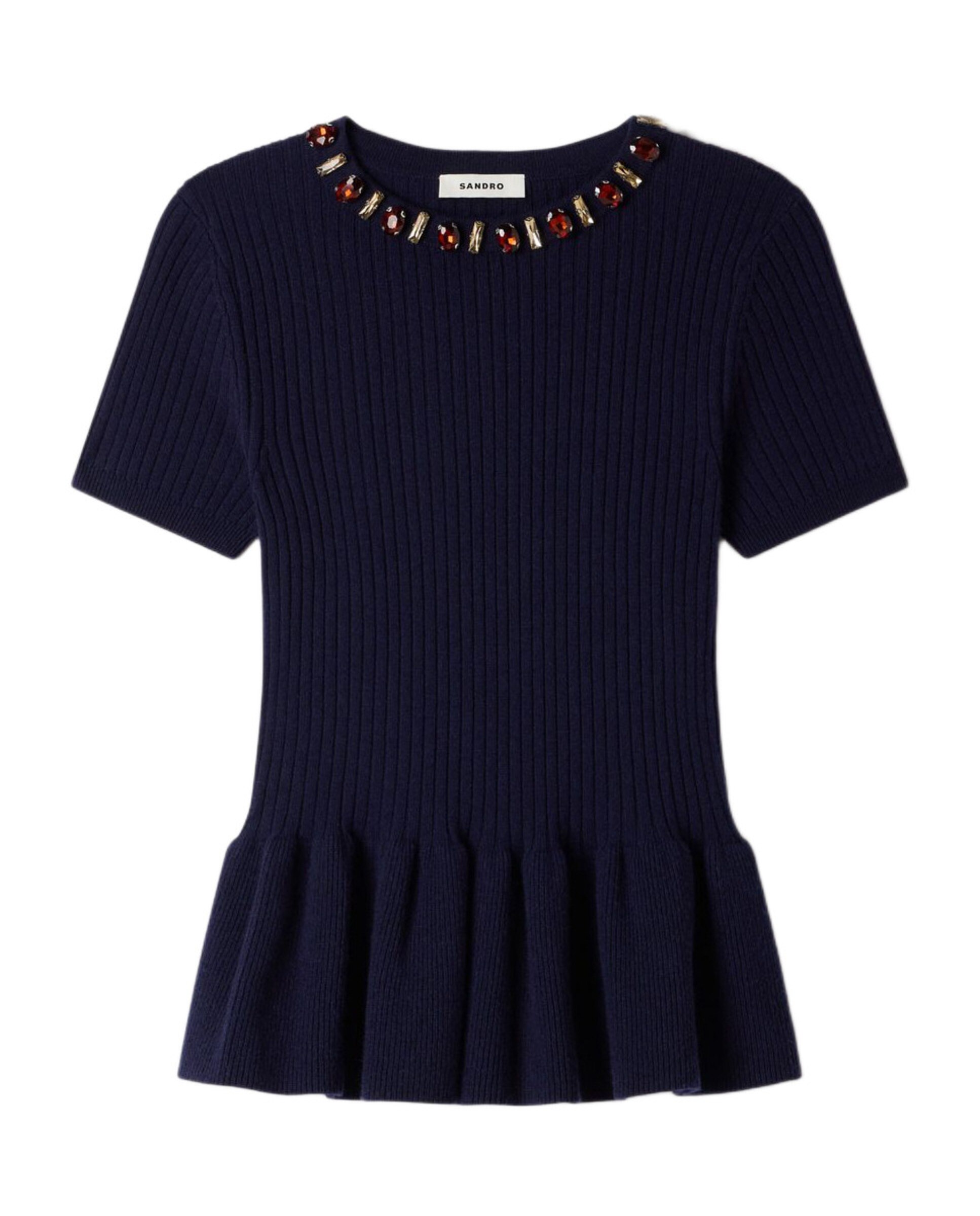 Jersey de mujer acanalado de lana y cachemira con strass - Sandro - Azul marino Azul marino-5