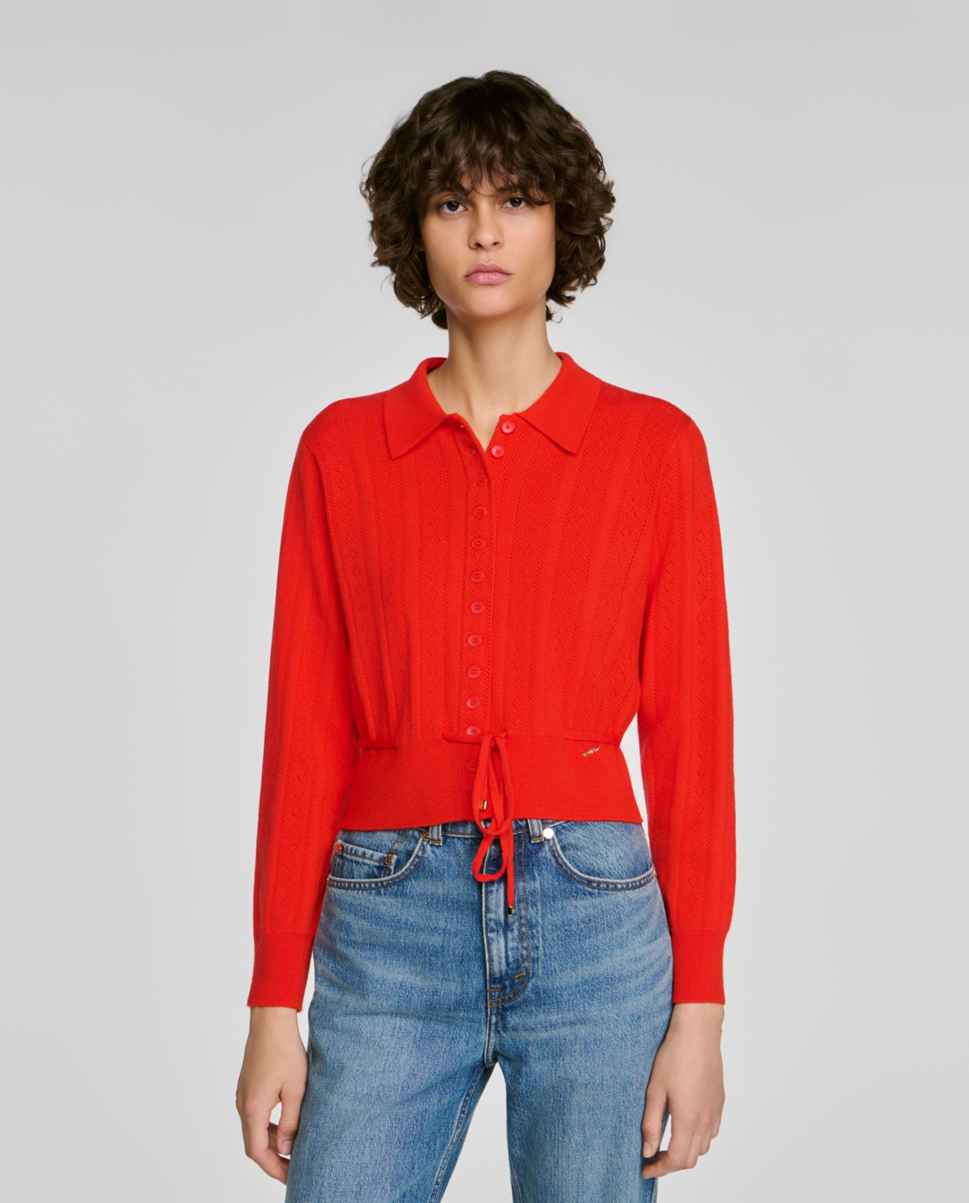 Cárdigan de punto pointelle de mujer con cordón ajustable en la cintura y cuello de camisa - Sandro - Rojo Rojo-1