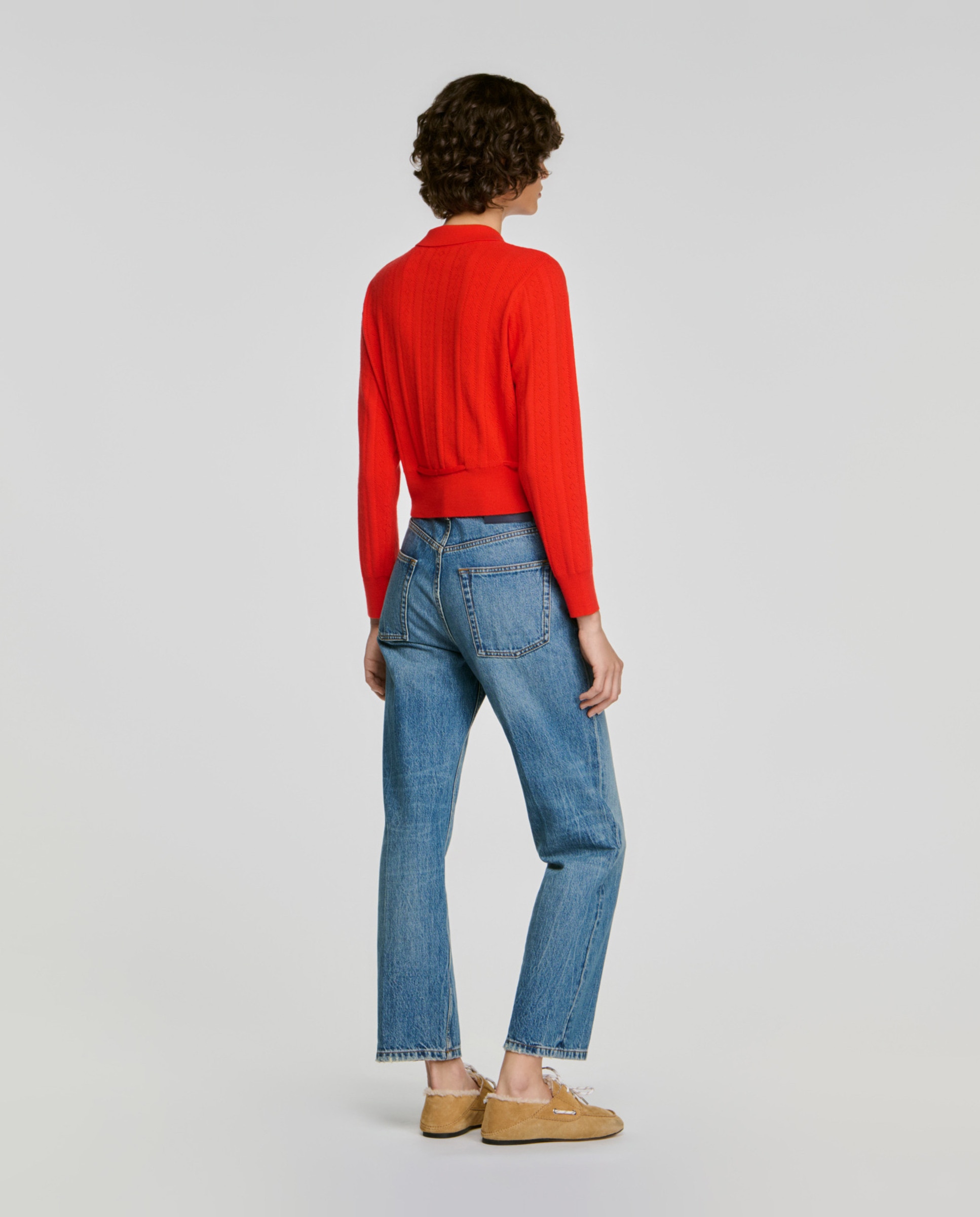 Cárdigan de punto pointelle de mujer con cordón ajustable en la cintura y cuello de camisa - Sandro - Rojo Rojo-2