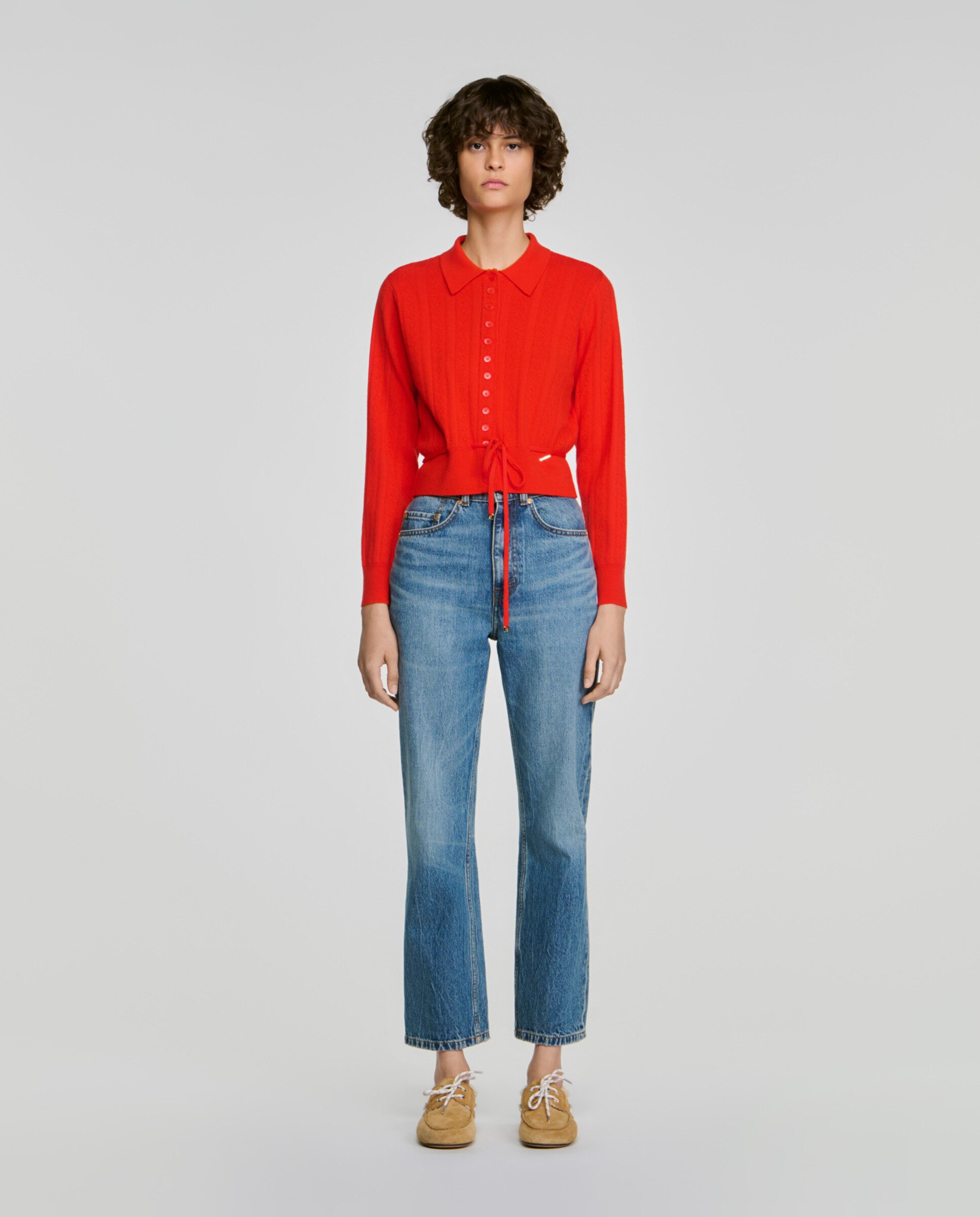 Cárdigan de punto pointelle de mujer con cordón ajustable en la cintura y cuello de camisa - Sandro - Rojo Rojo-3