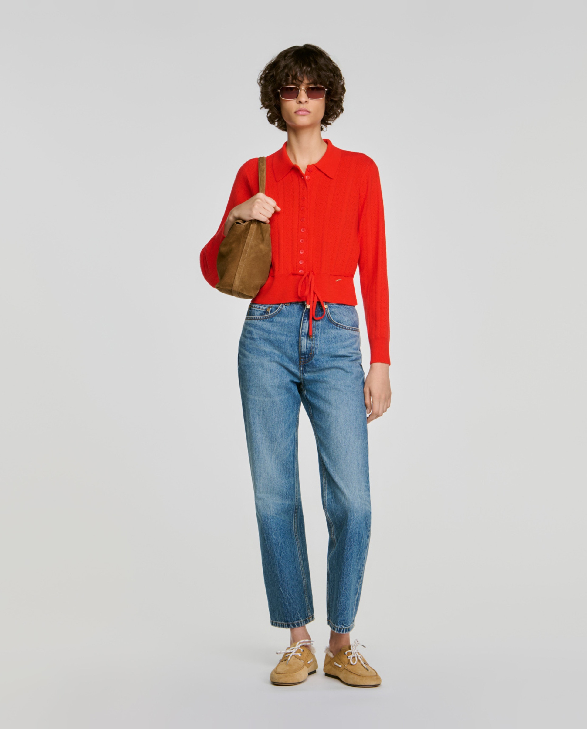 Cárdigan de punto pointelle de mujer con cordón ajustable en la cintura y cuello de camisa - Sandro - Rojo Rojo-4