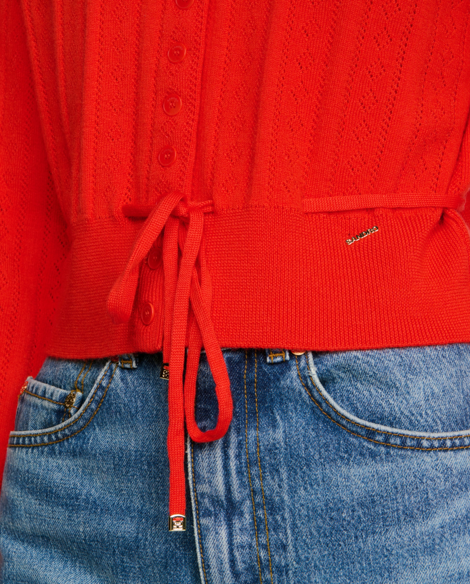 Cárdigan de punto pointelle de mujer con cordón ajustable en la cintura y cuello de camisa - Sandro - Rojo Rojo-7