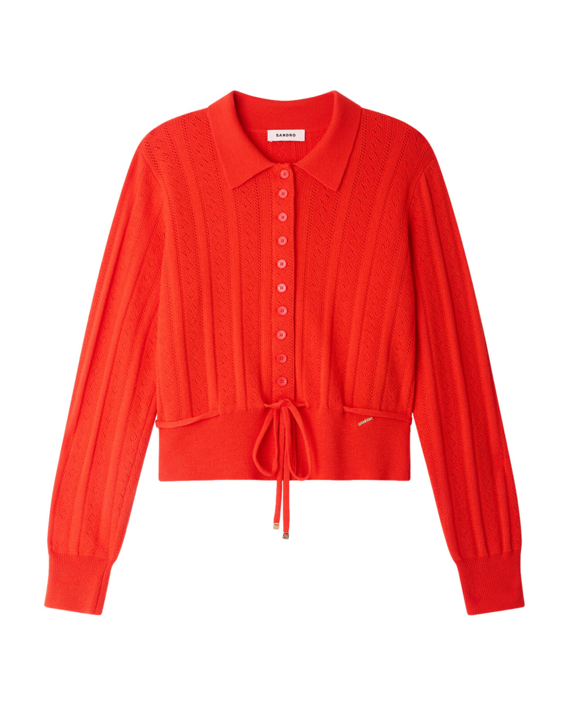 Cárdigan de punto pointelle de mujer con cordón ajustable en la cintura y cuello de camisa - Sandro - Rojo Rojo-6
