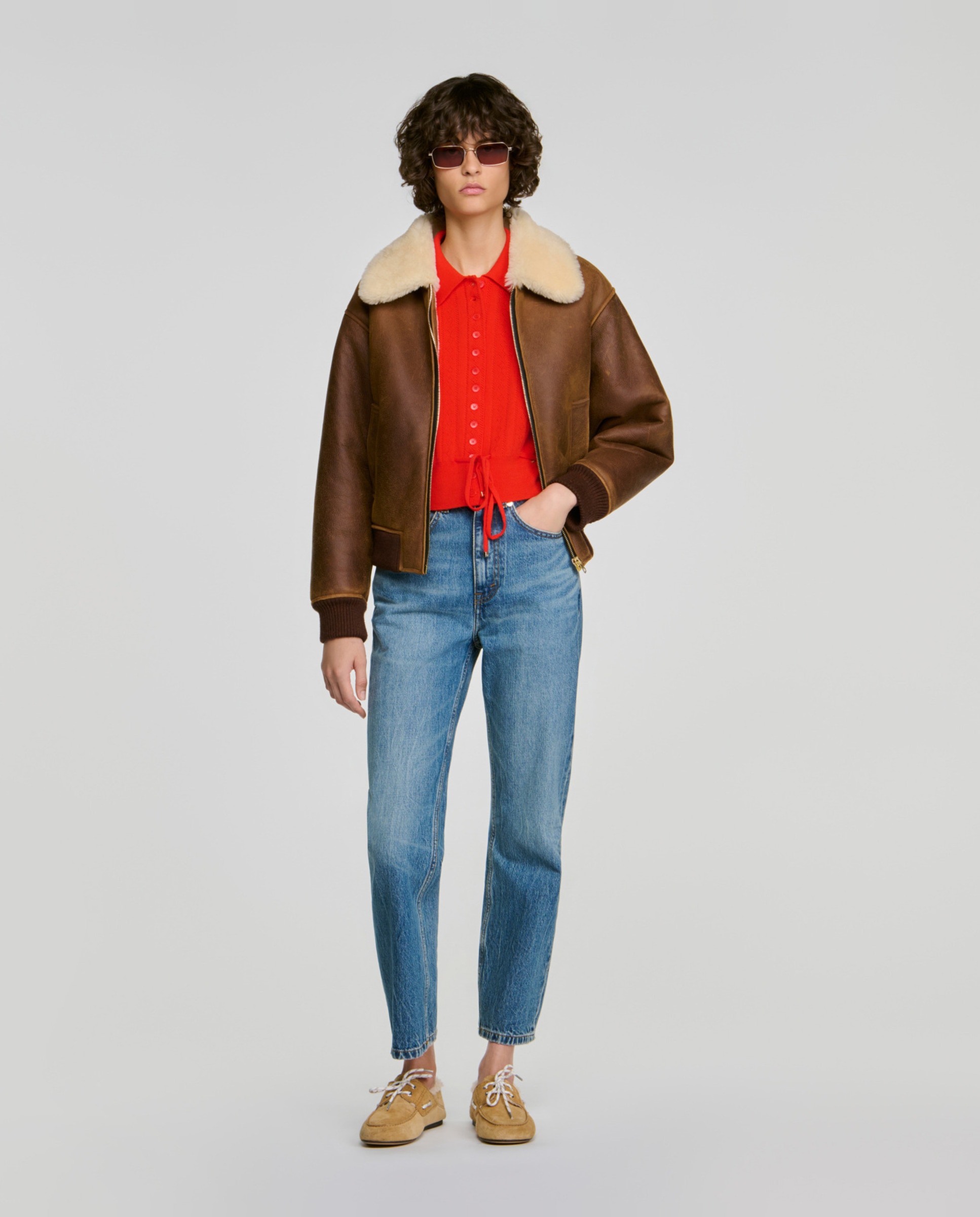 Cárdigan de punto pointelle de mujer con cordón ajustable en la cintura y cuello de camisa - Sandro - Rojo Rojo-5