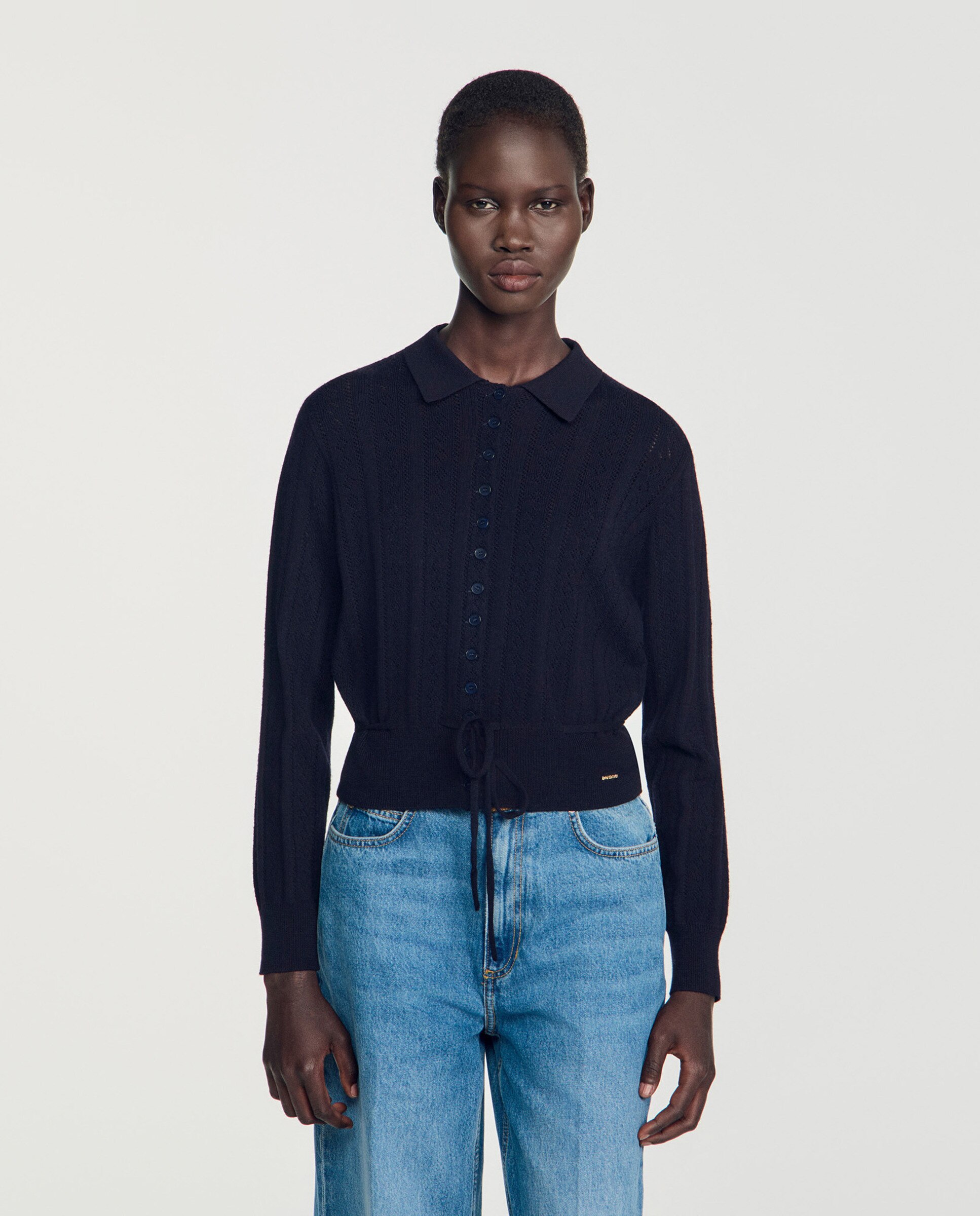 Cárdigan de punto pointelle de mujer con cordón ajustable en la cintura y cuello de camisa - Sandro - Azul marino Azul marino-1