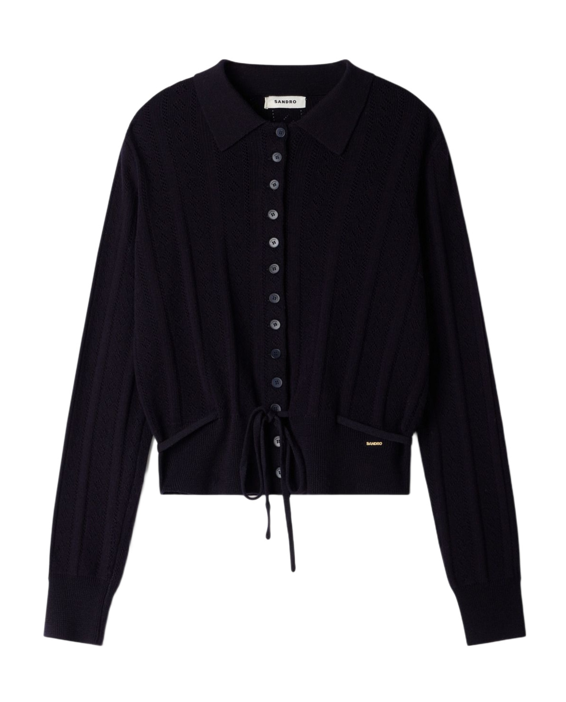 Cárdigan de punto pointelle de mujer con cordón ajustable en la cintura y cuello de camisa - Sandro - Azul marino Azul marino-6