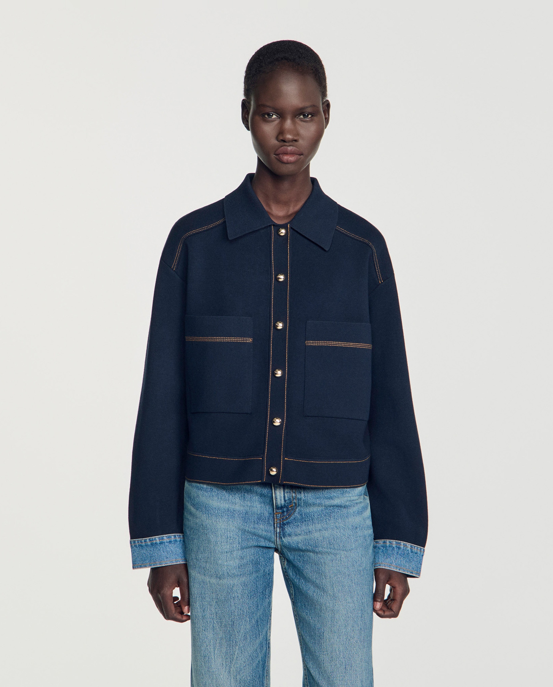 Cárdigan de mujer efecto chaqueta con puños vaqueros - Sandro - Azul marino Azul marino-1