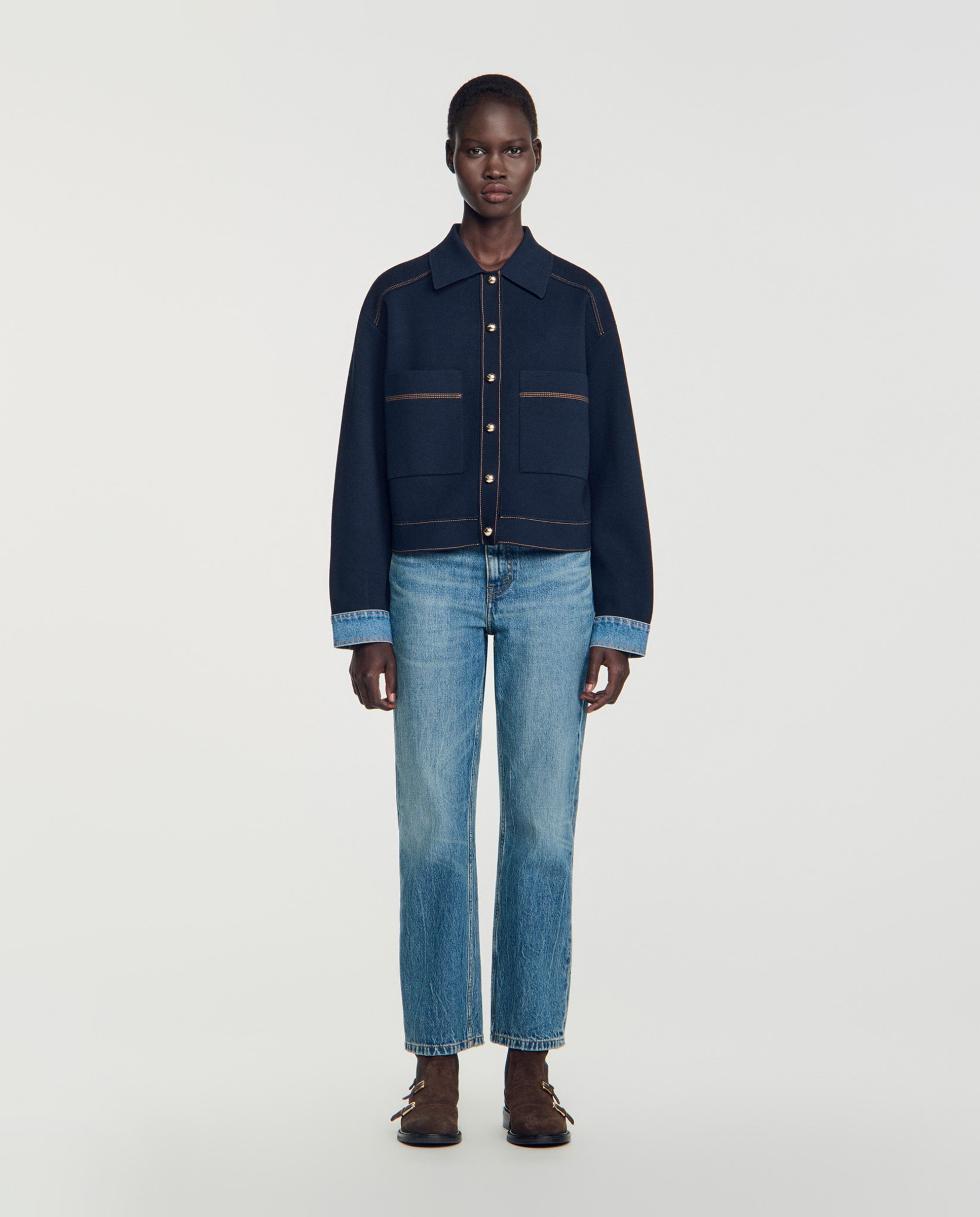 Cárdigan de mujer efecto chaqueta con puños vaqueros - Sandro - Azul marino Azul marino-3