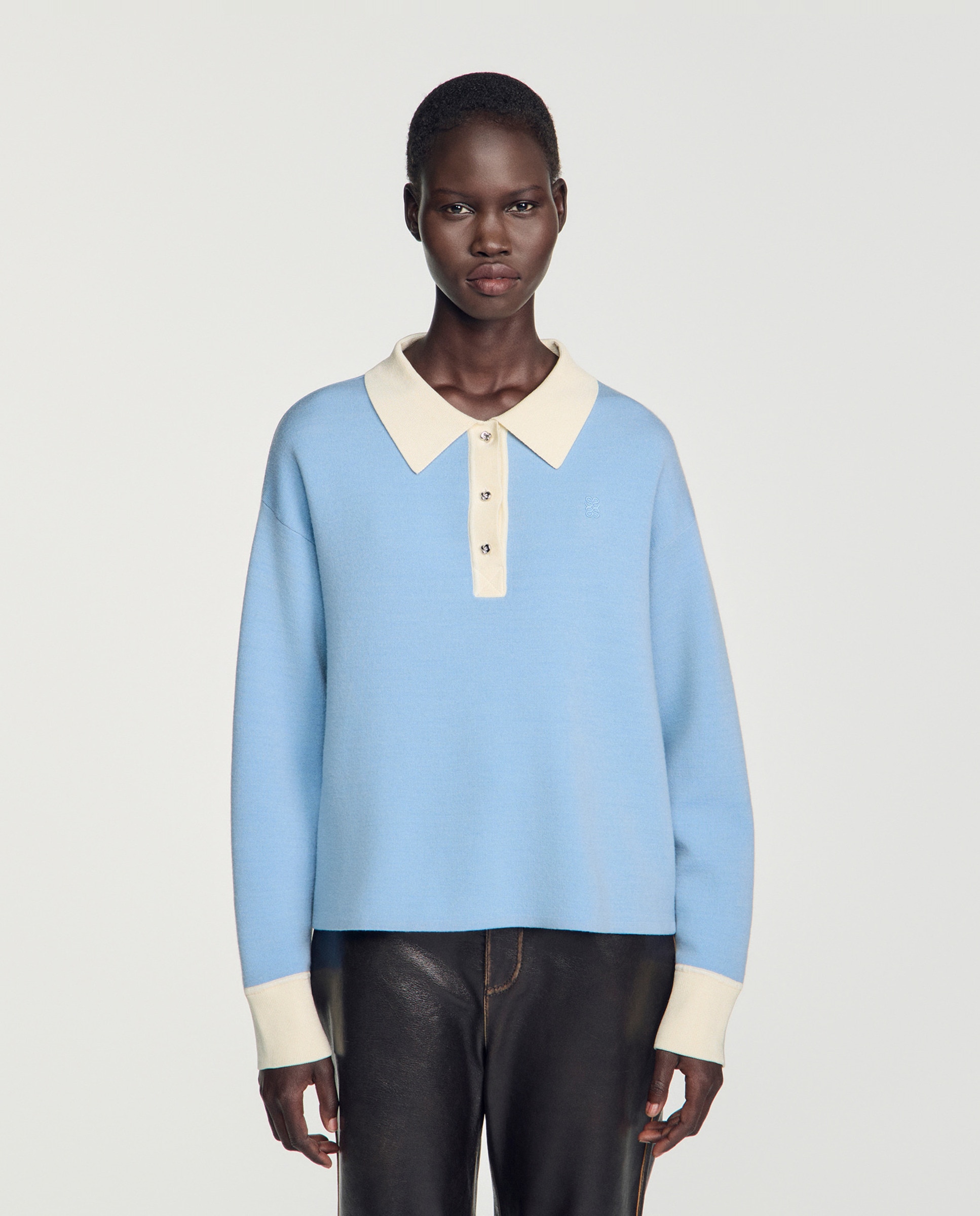 Polo de mujer de lana bicolor con logo bordado - Sandro - Azul claro Azul claro-1