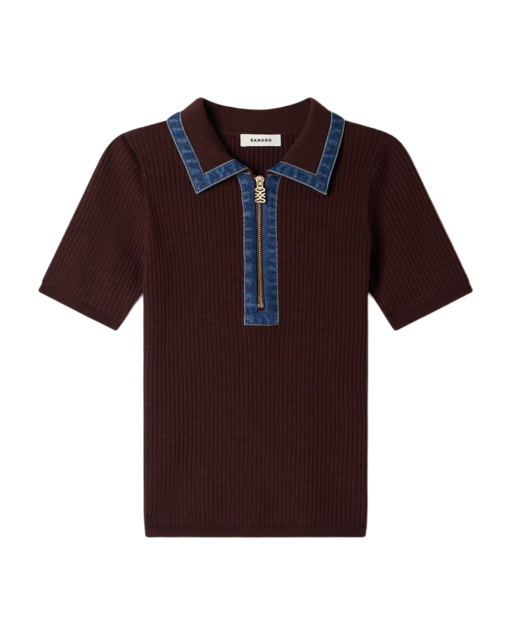 Jersey polo de punto acanalado con cremallera de mujer cuello vaquero entallado - Sandro - Marrón Marrón-6