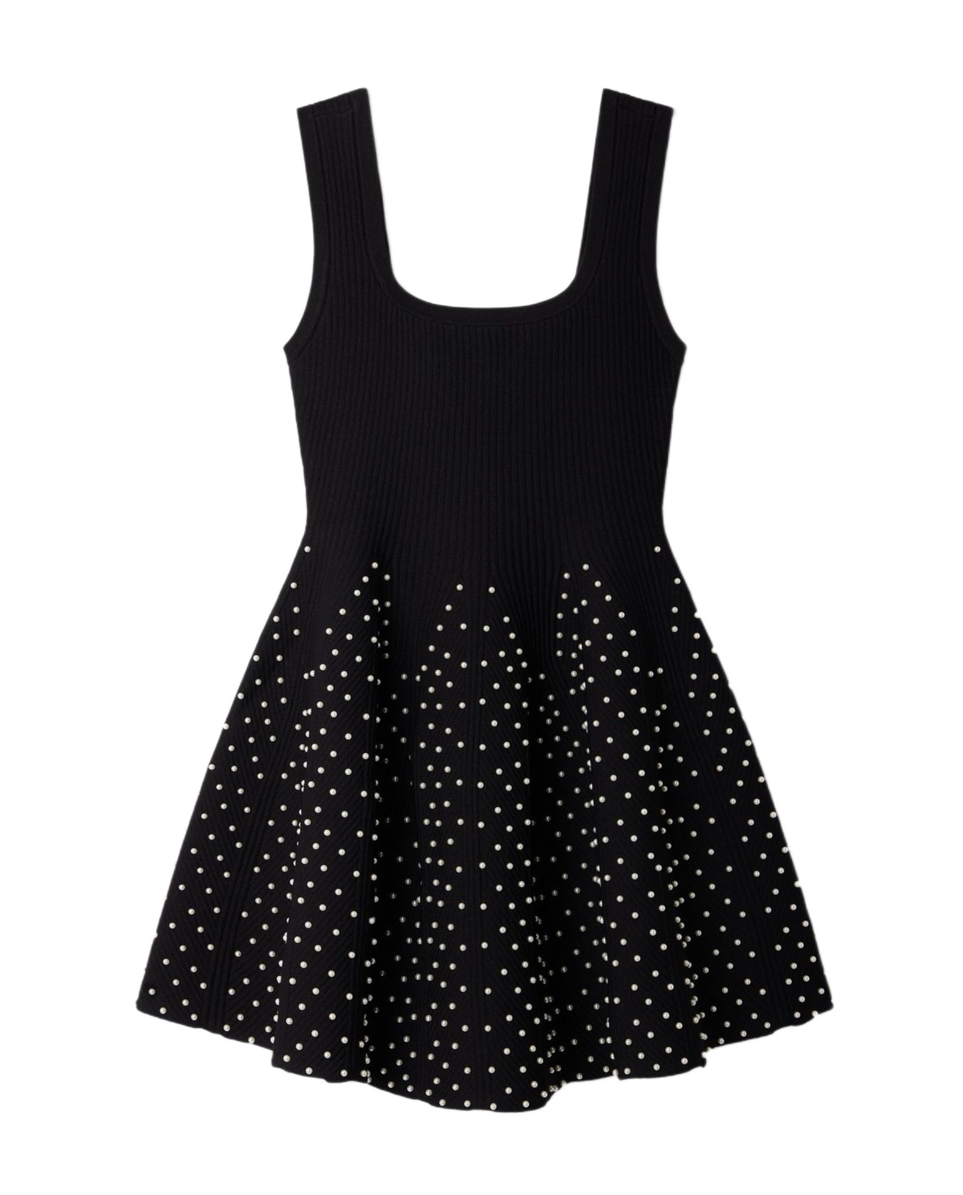 Vestido corto de punto con falda de vuelo y perlas en contraste - Sandro - Negro Negro-6