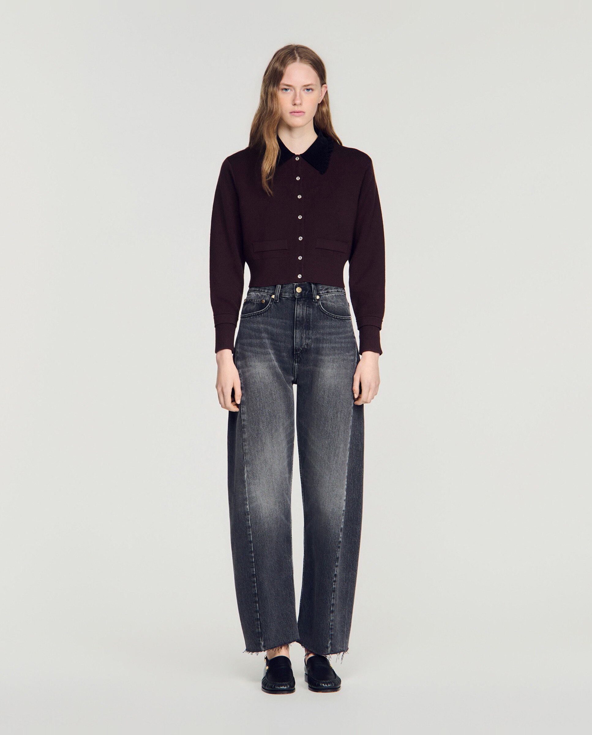 Cárdigan de punto de mujer corto estilo camisa con cuello de terciopelo - Sandro - Lila Lila-3