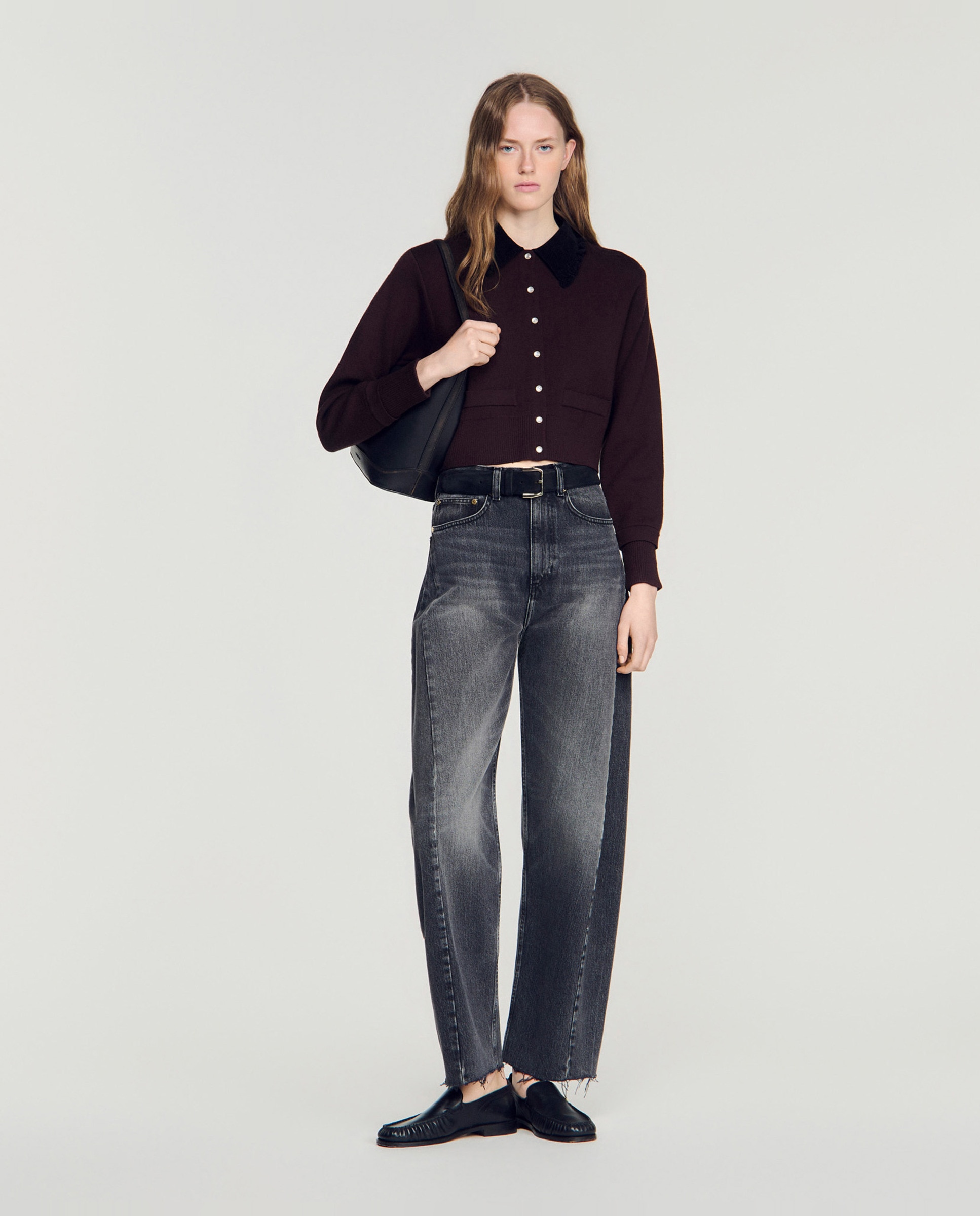 Cárdigan de punto de mujer corto estilo camisa con cuello de terciopelo - Sandro - Lila Lila-4