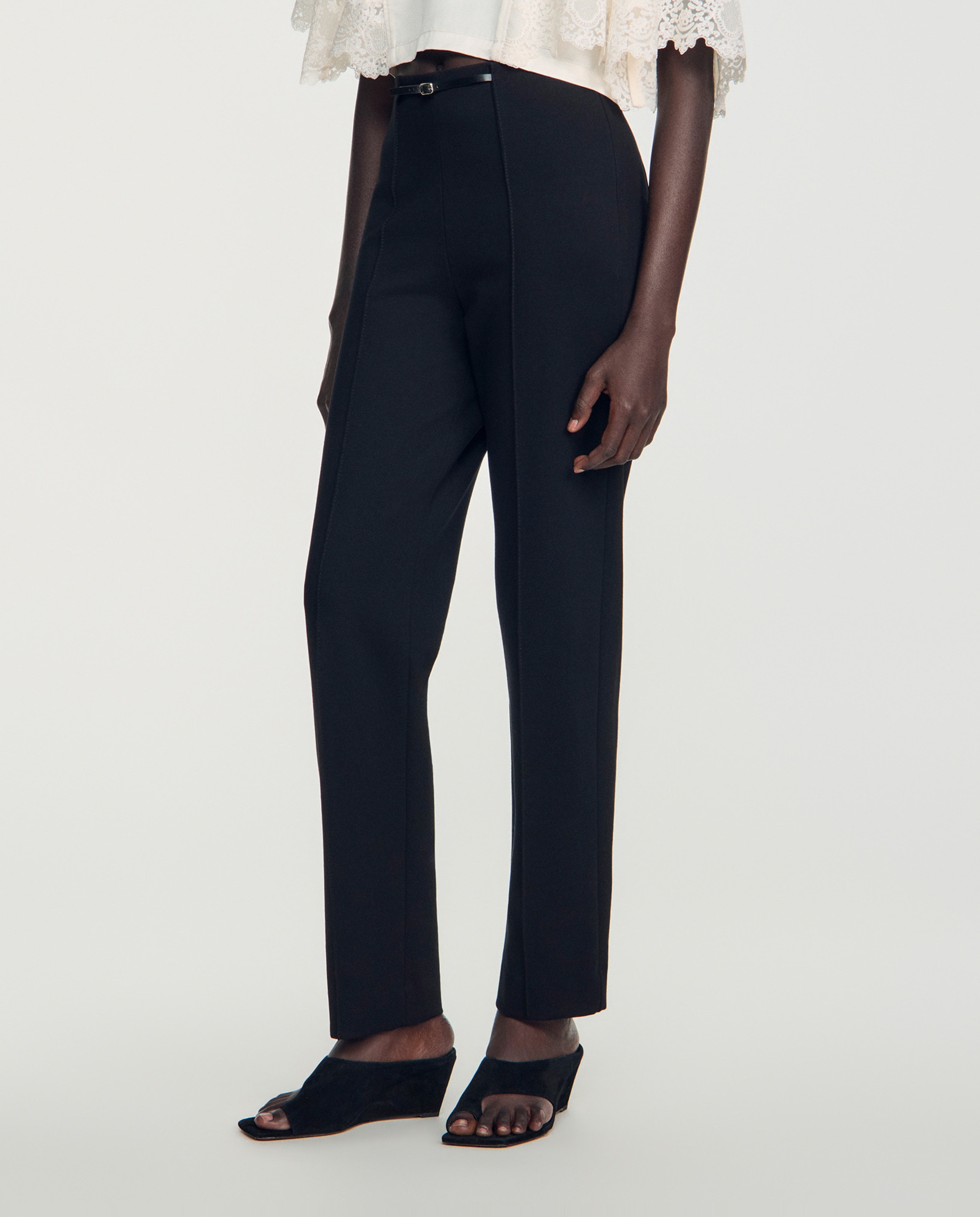 Pantalón de mujer recto elástico de talle alto - Sandro - Negro Negro-2