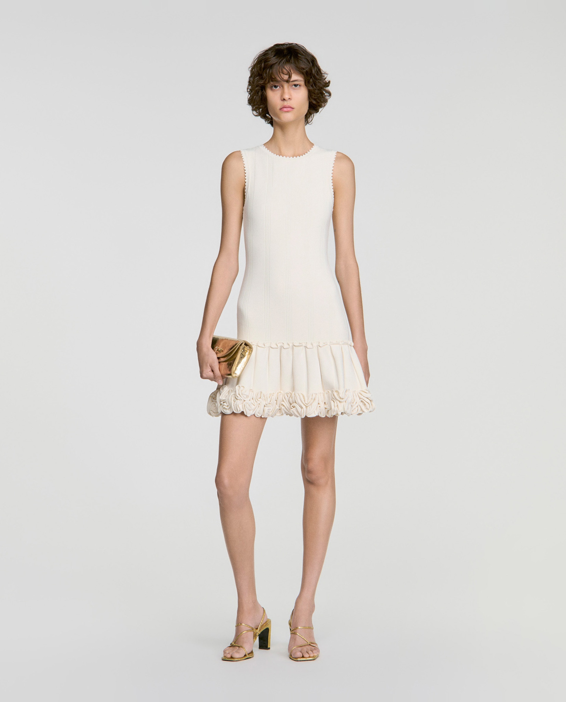 Vestido corto de punto entallado con flores - Sandro - Blanco Blanco-5