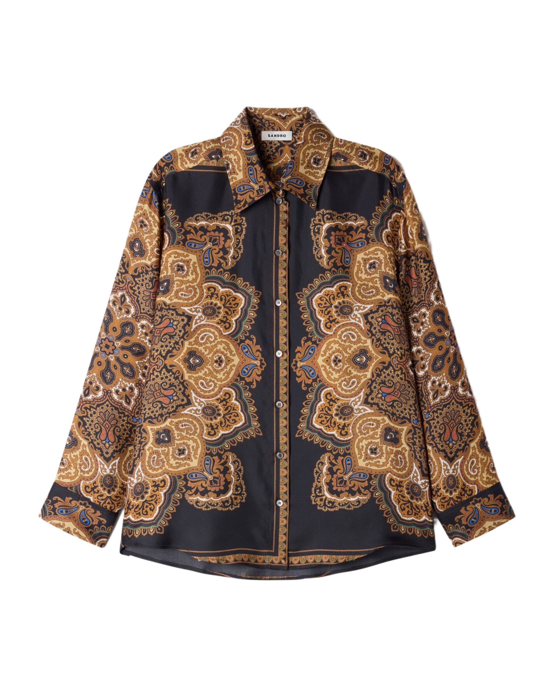 Camisa de mujer 100% seda fluida con estampado de fular - Sandro - Negro / Naranja Negro / Naranja-6