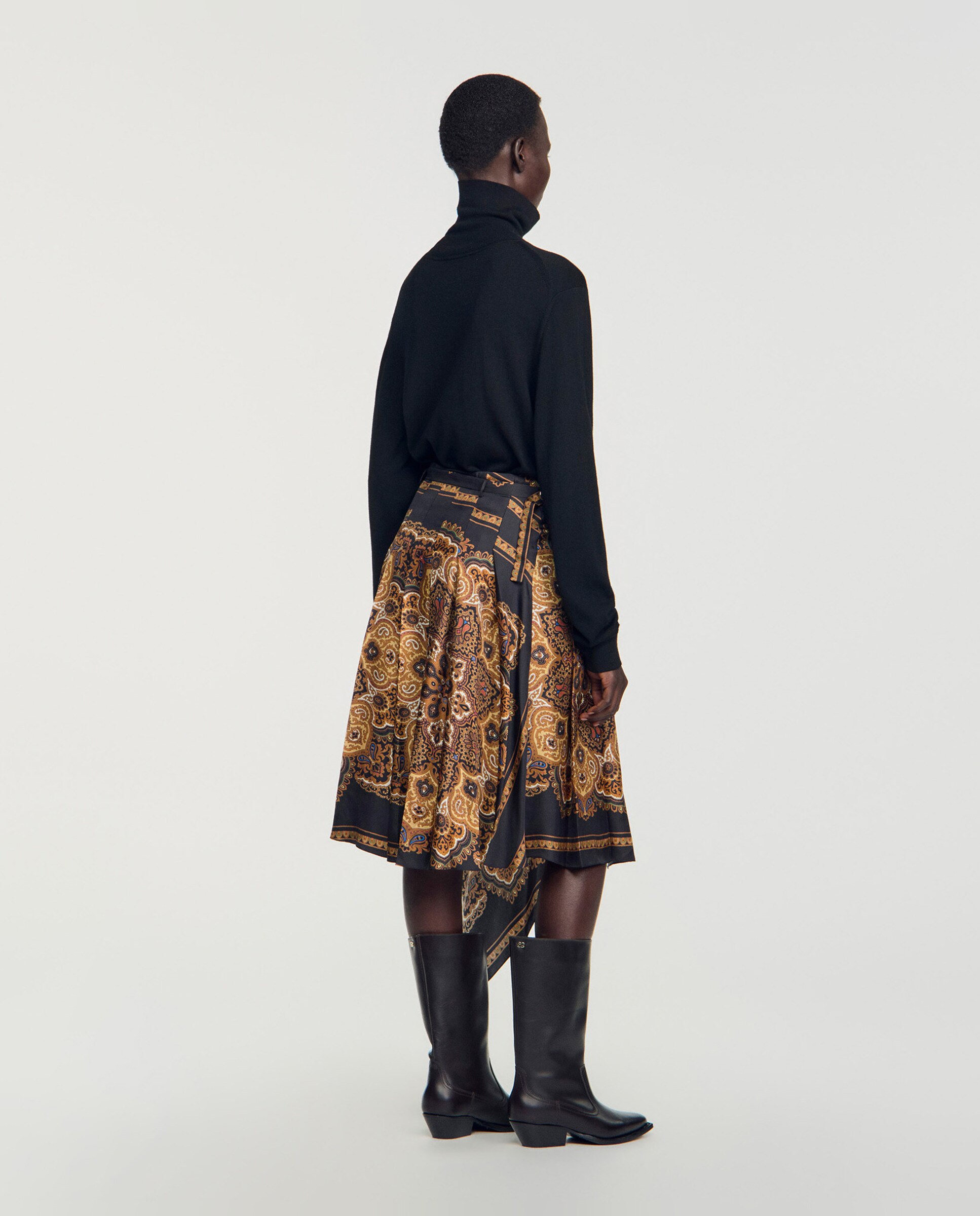 Falda larga asimétrica estampado pañuelo - Sandro - Negro / Naranja Negro / Naranja-3