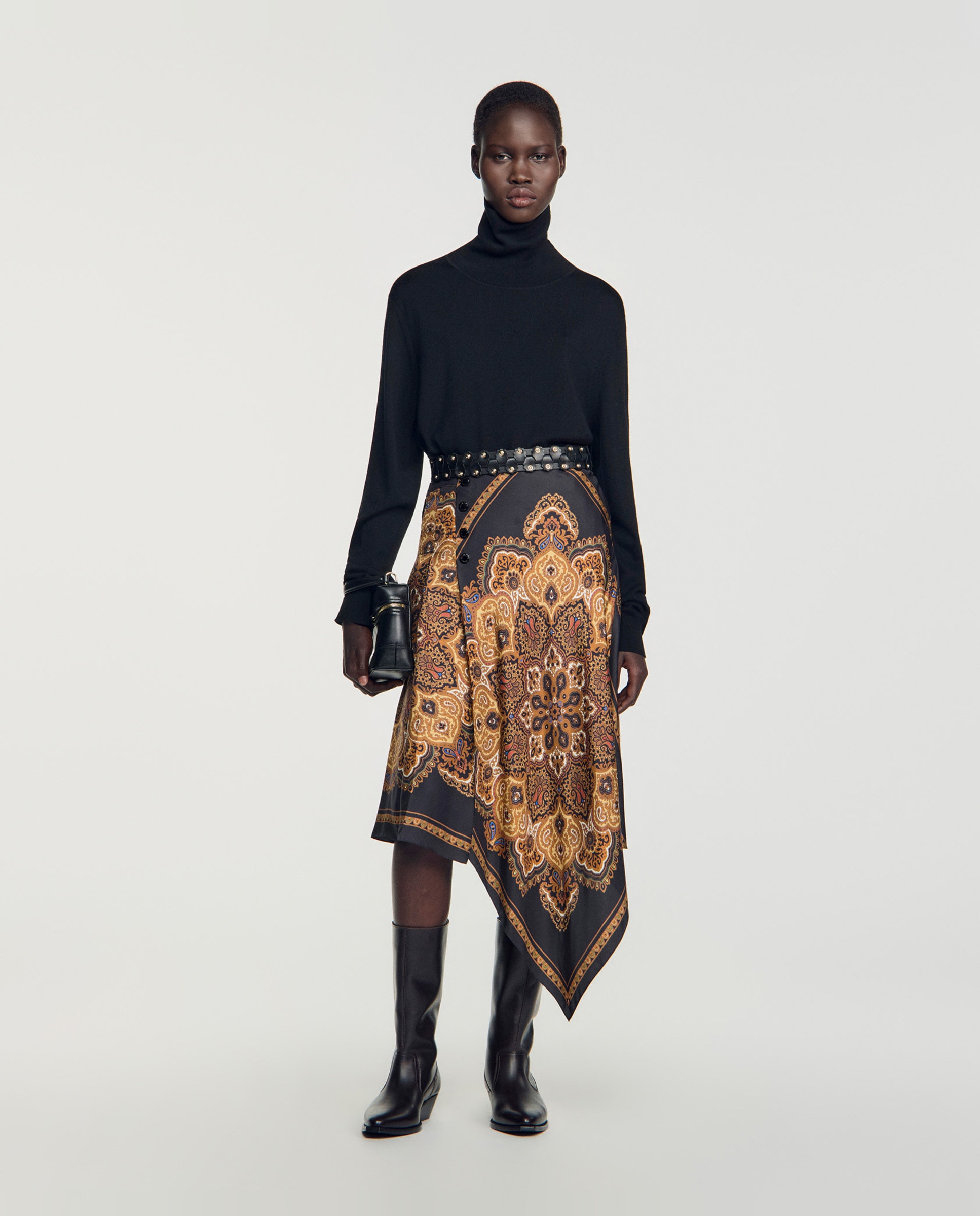 Falda larga asimétrica estampado pañuelo - Sandro - Negro / Naranja Negro / Naranja-5