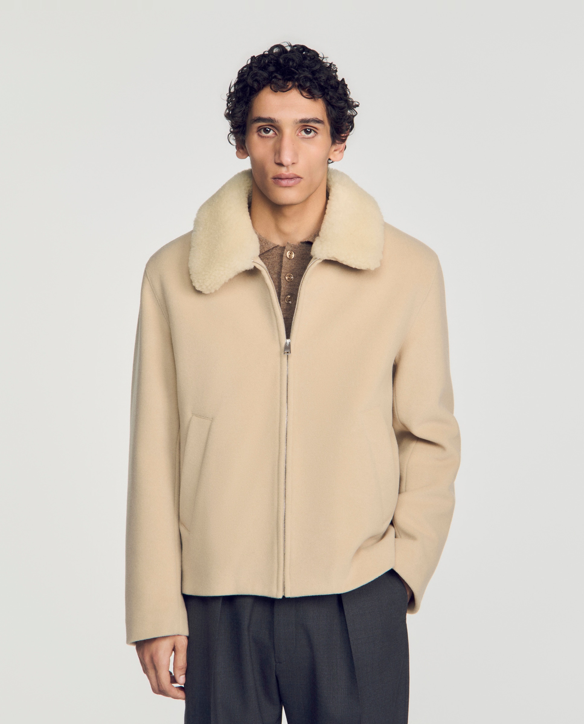 Cazadora de hombre de lana y cachemira con cuello de borreguito - Sandro - Beige Beige-1