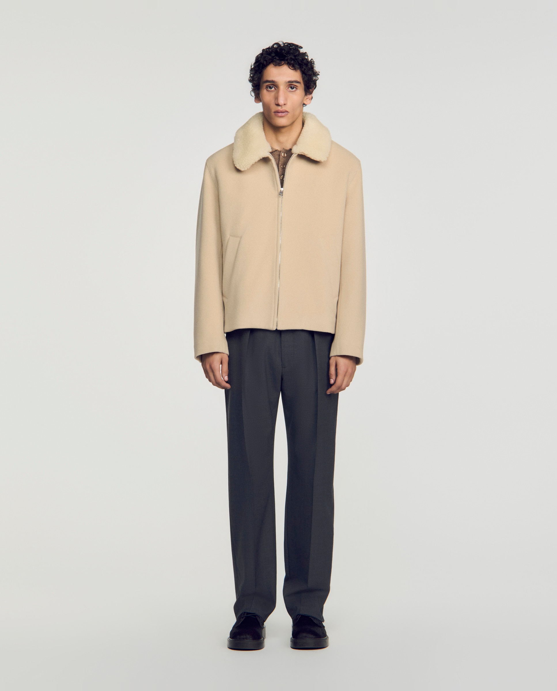 Cazadora de hombre de lana y cachemira con cuello de borreguito - Sandro - Beige Beige-3
