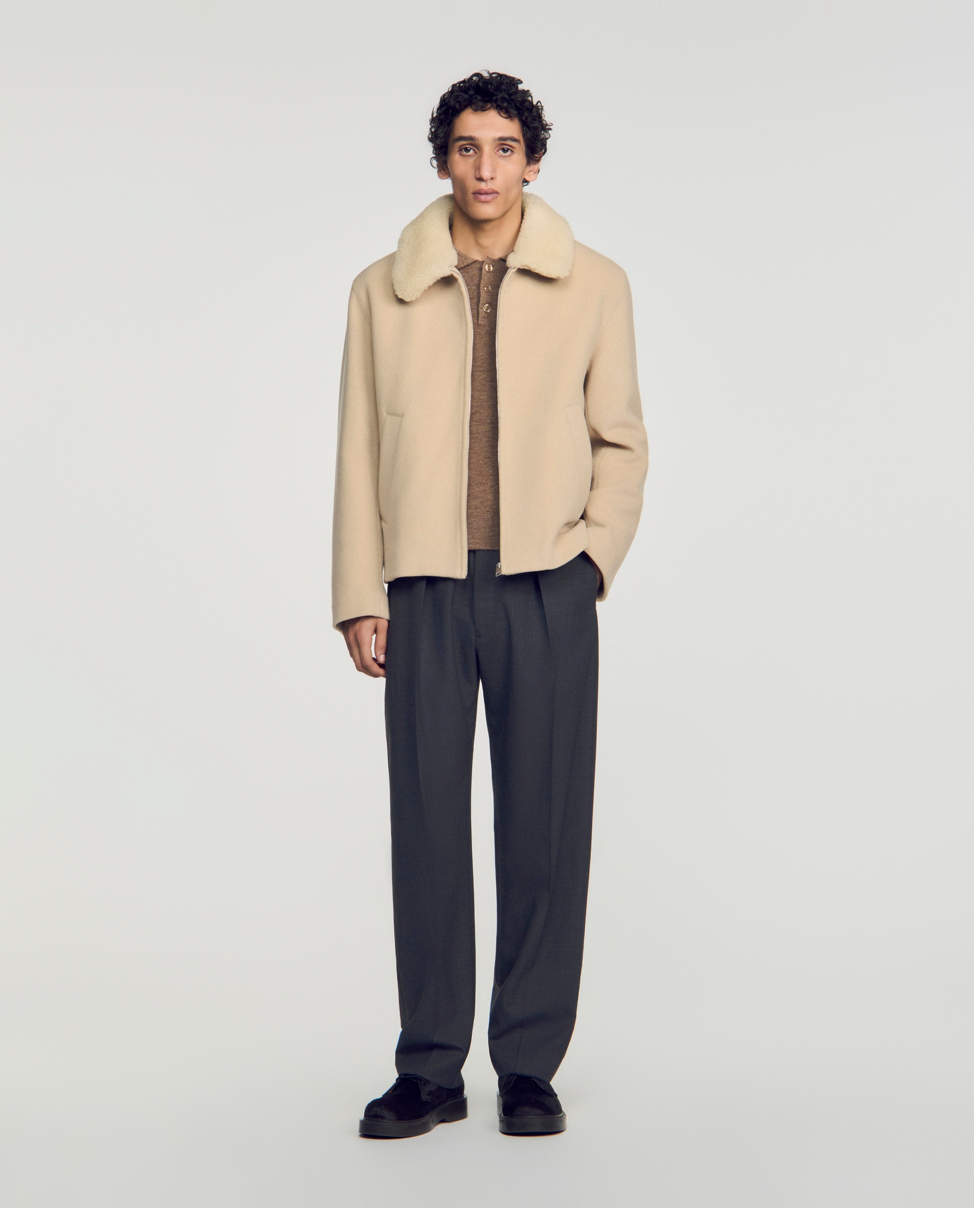 Cazadora de hombre de lana y cachemira con cuello de borreguito - Sandro - Beige Beige-4