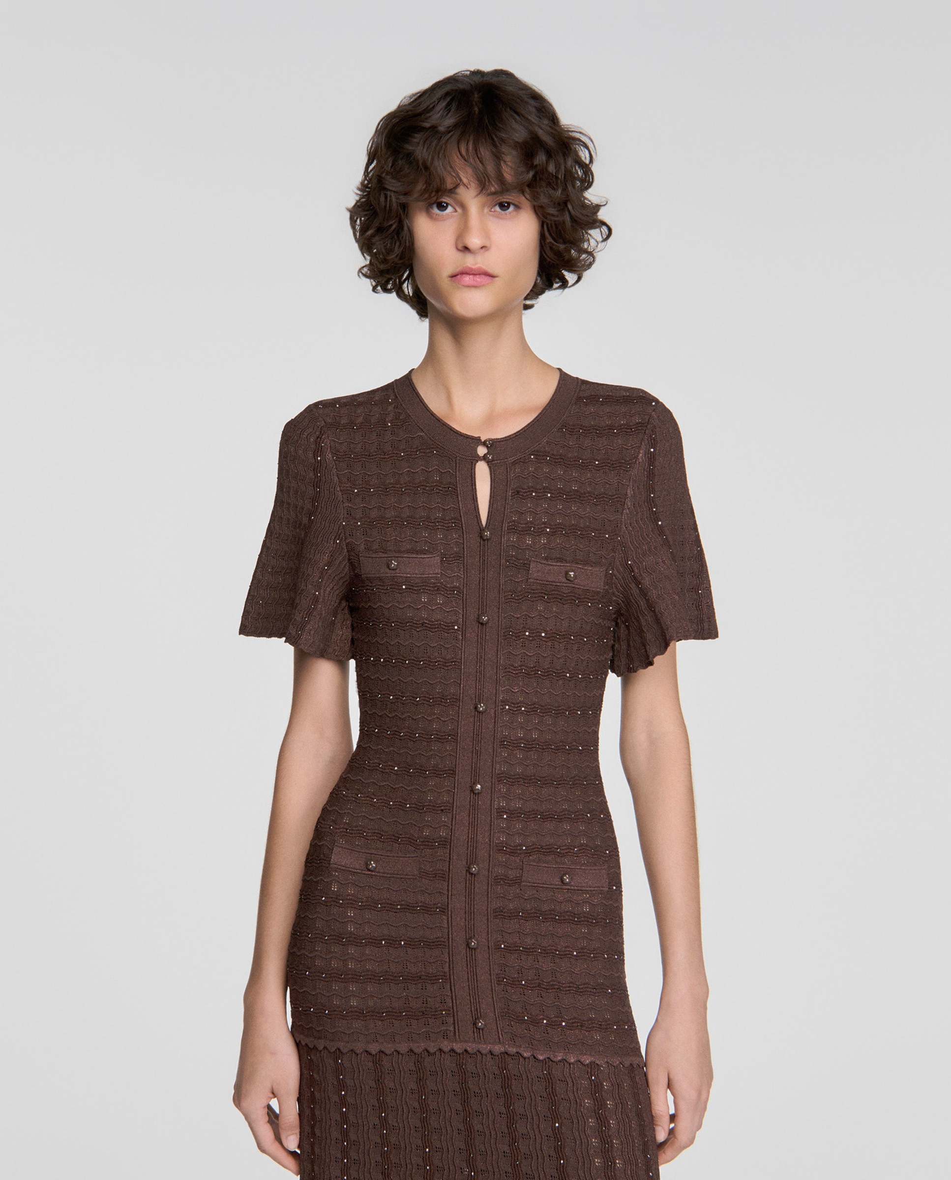 Vestido largo de punto texturizado con strass - Sandro - Marrón Marrón-3