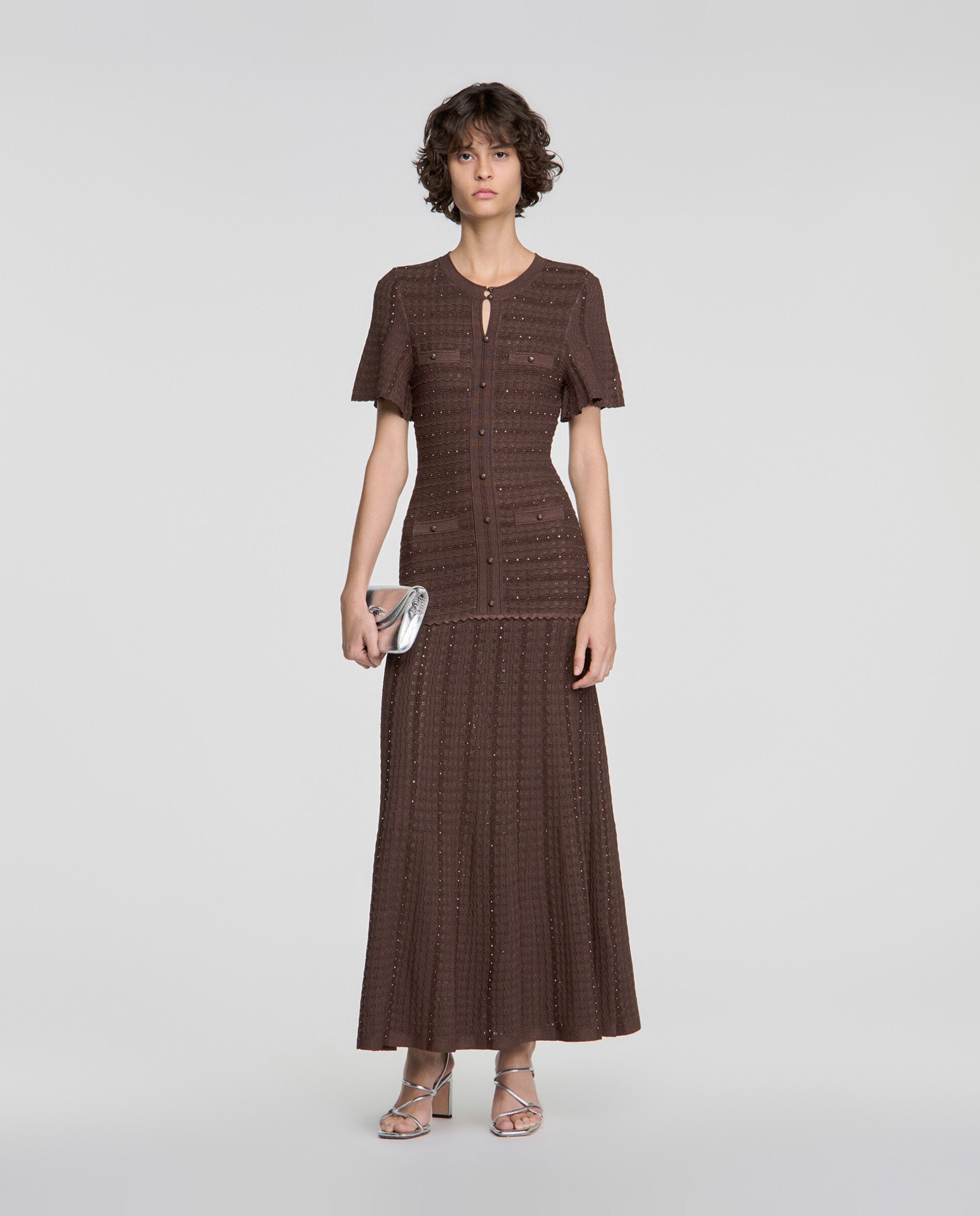 Vestido largo de punto texturizado con strass - Sandro - Marrón Marrón-5