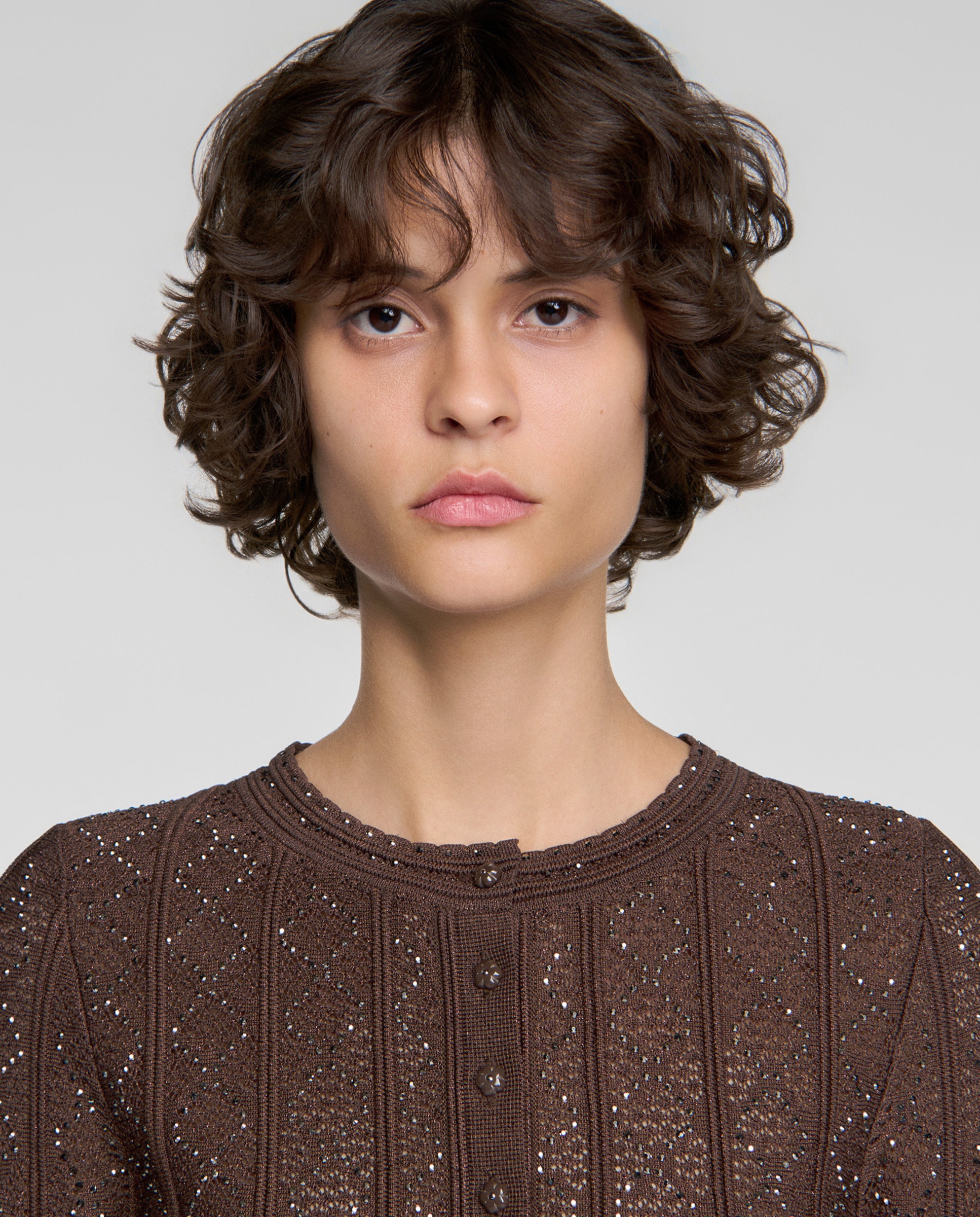 Cárdigan de punto de mujer corto con strass y sin cuello - Sandro - Marrón Marrón-5