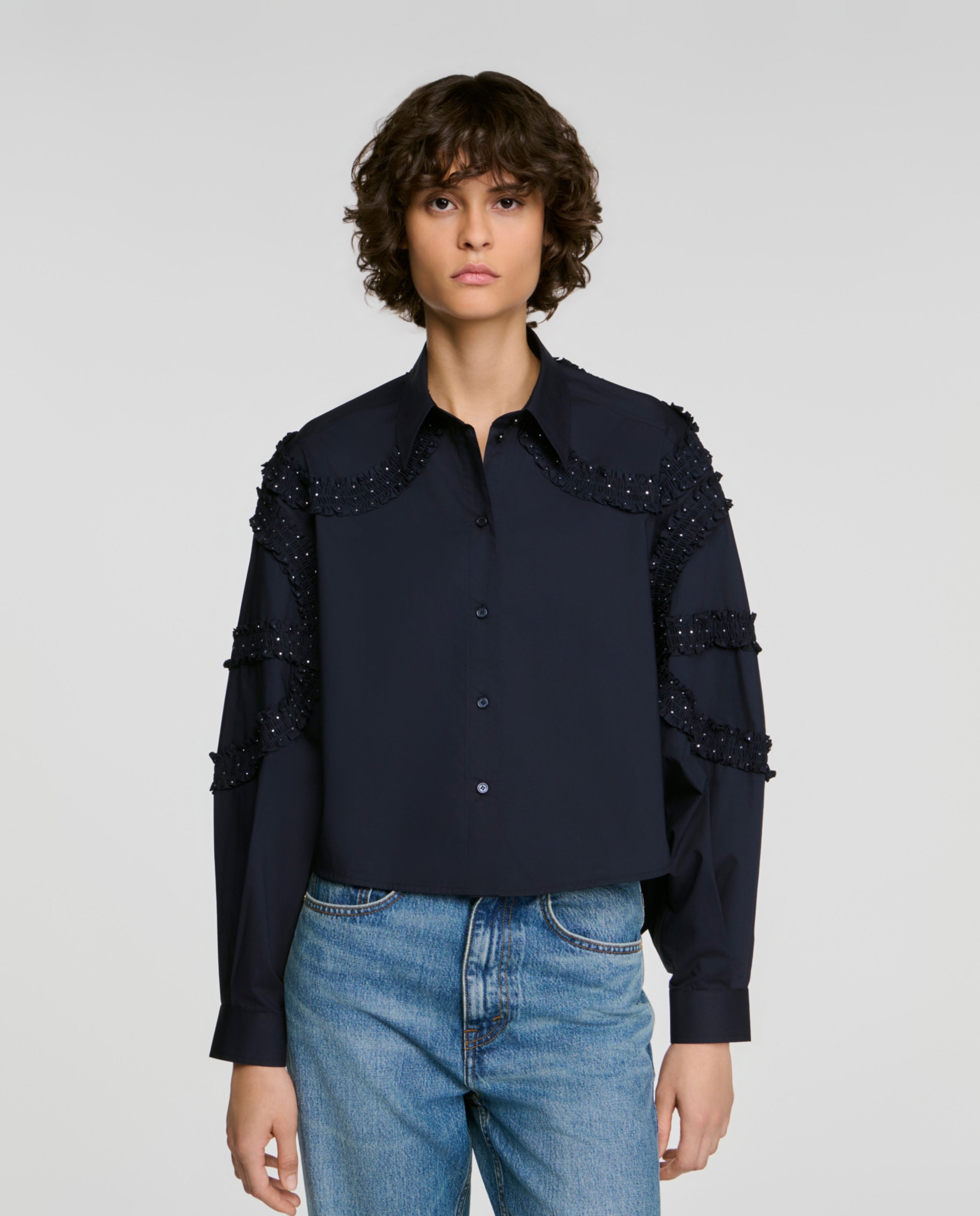 Camisa de mujer 100% algodón fruncida con strass - Sandro - Azul marino Azul marino-1