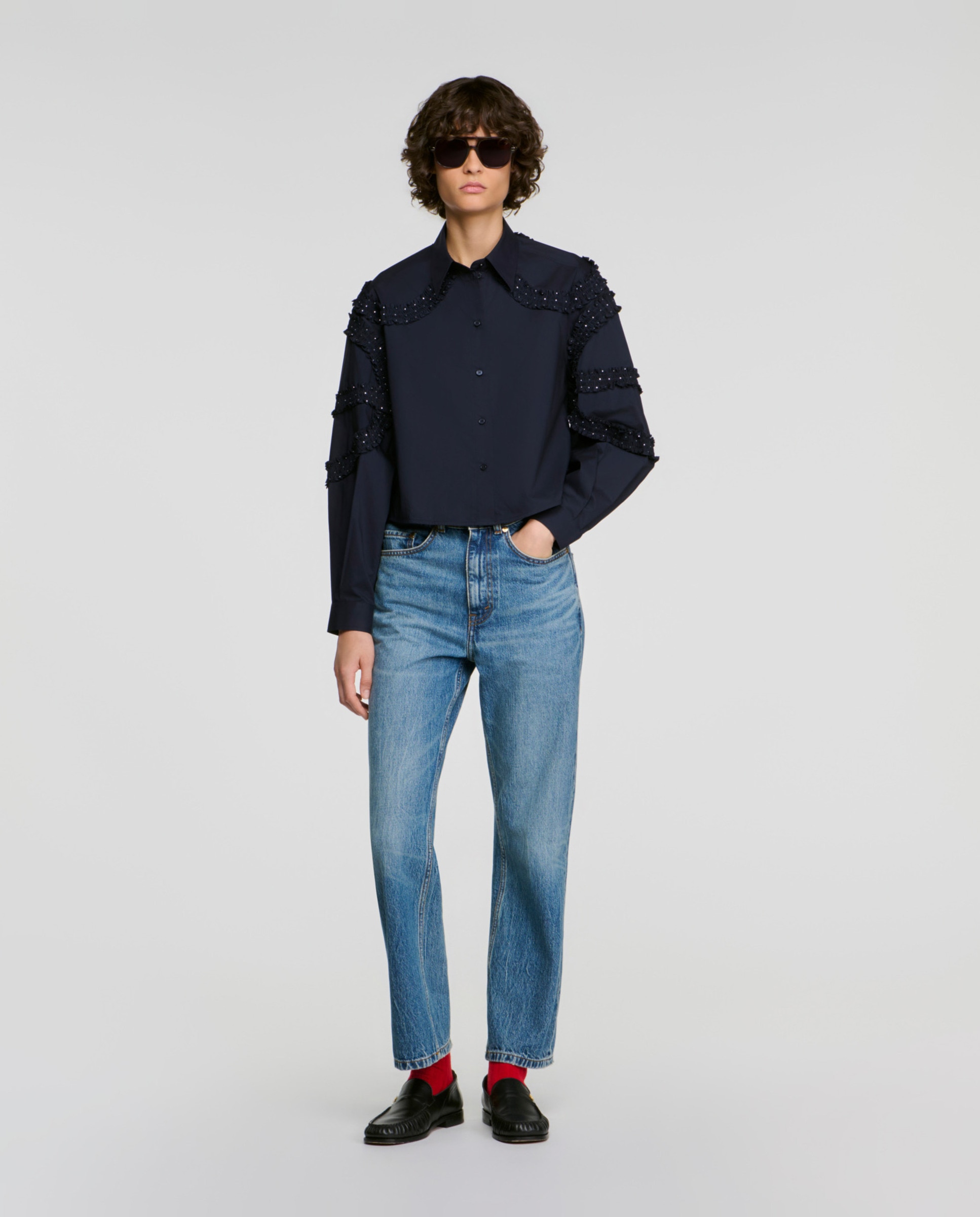 Camisa de mujer 100% algodón fruncida con strass - Sandro - Azul marino Azul marino-4