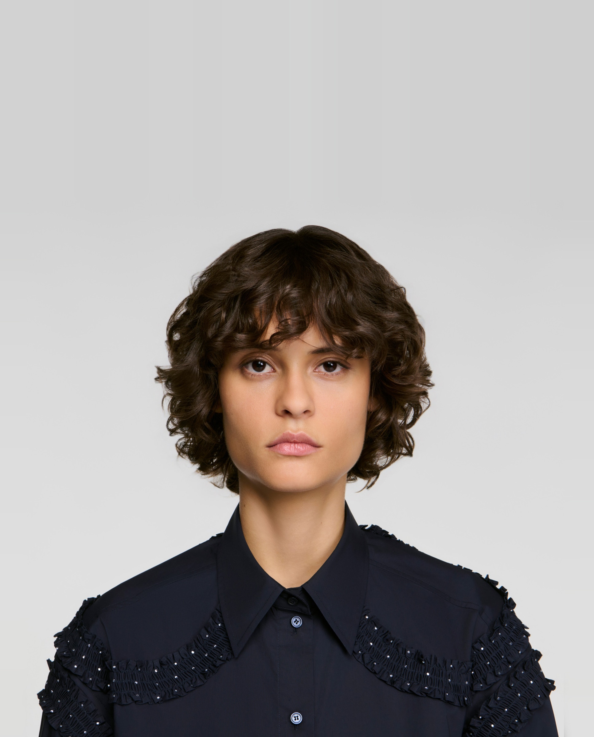Camisa de mujer 100% algodón fruncida con strass - Sandro - Azul marino Azul marino-5