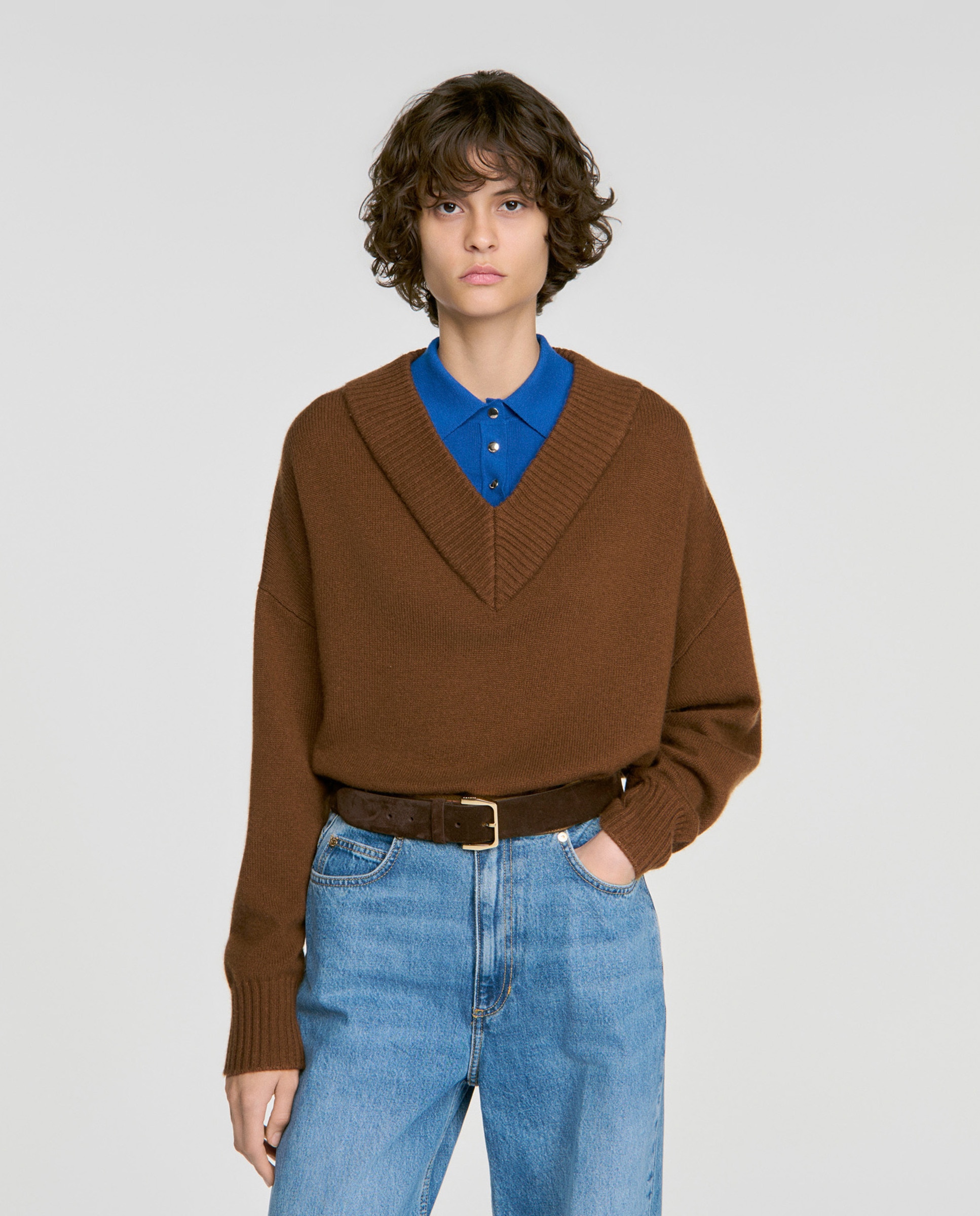 Jersey de mujer 2 en 1 con cuello polo de lana y cachemira - Sandro - Camel Camel-1
