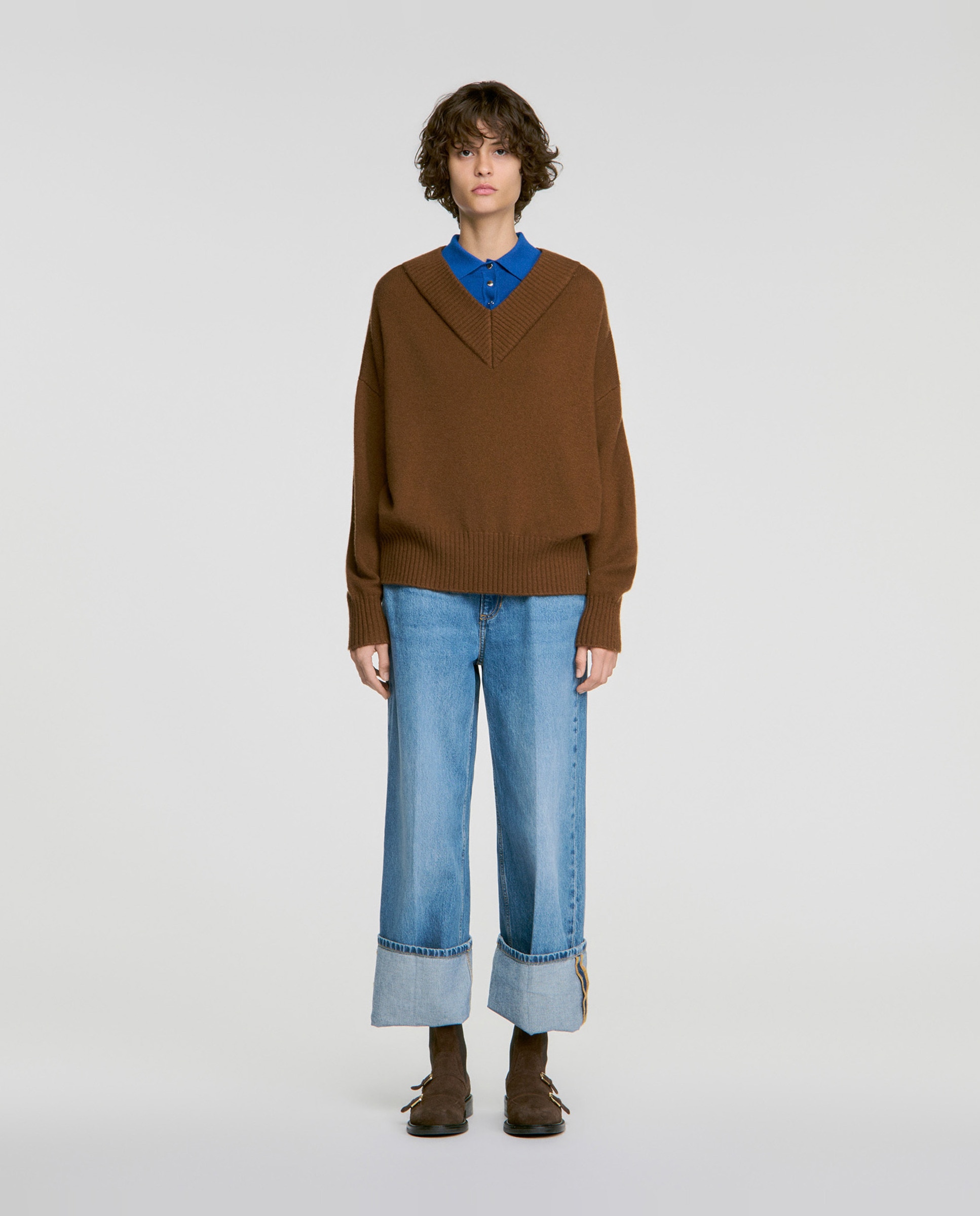 Jersey de mujer 2 en 1 con cuello polo de lana y cachemira - Sandro - Camel Camel-4
