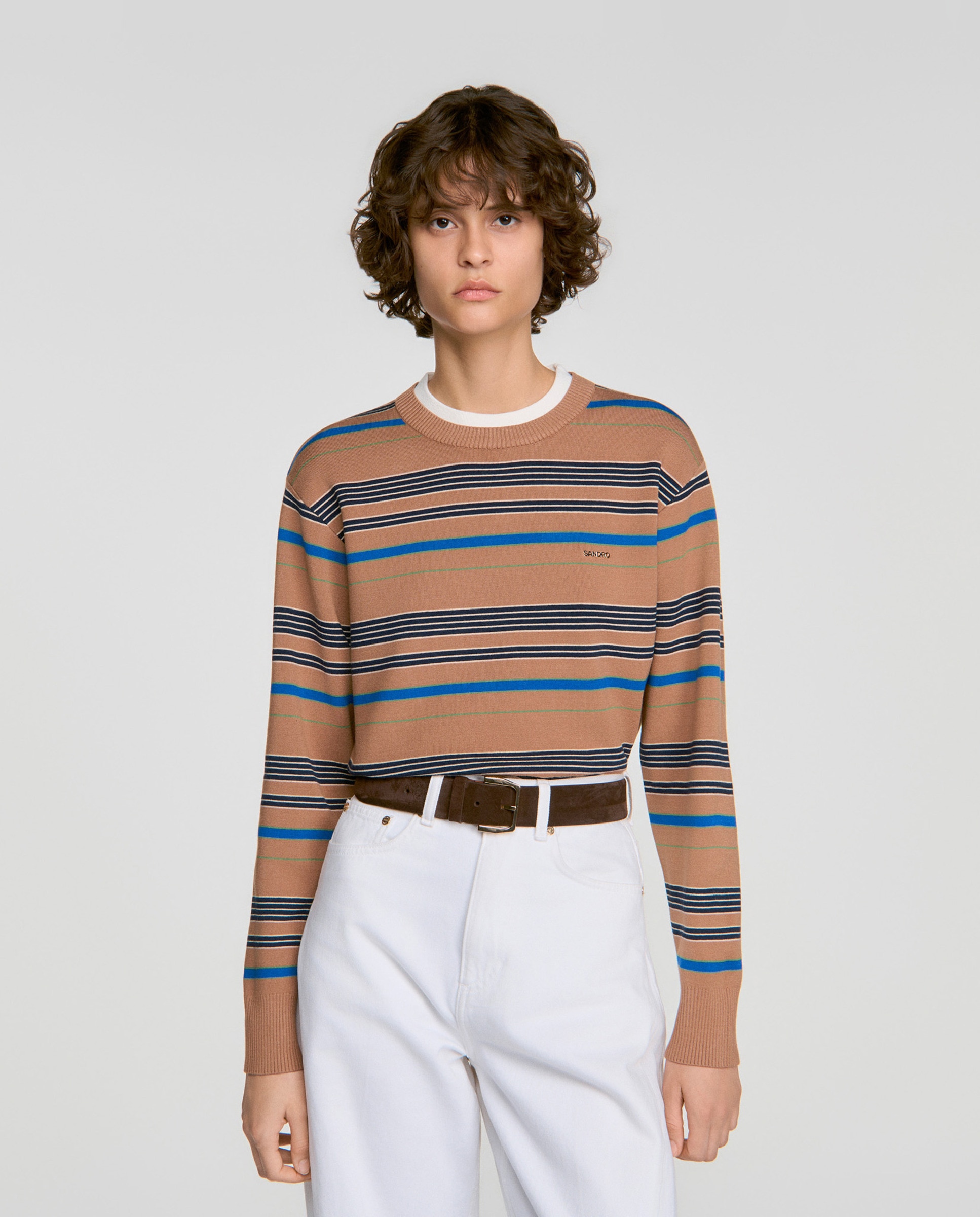 Jersey de mujer a rayas efecto 2 en 1 con cuello en contraste - Sandro - Camel Camel-1