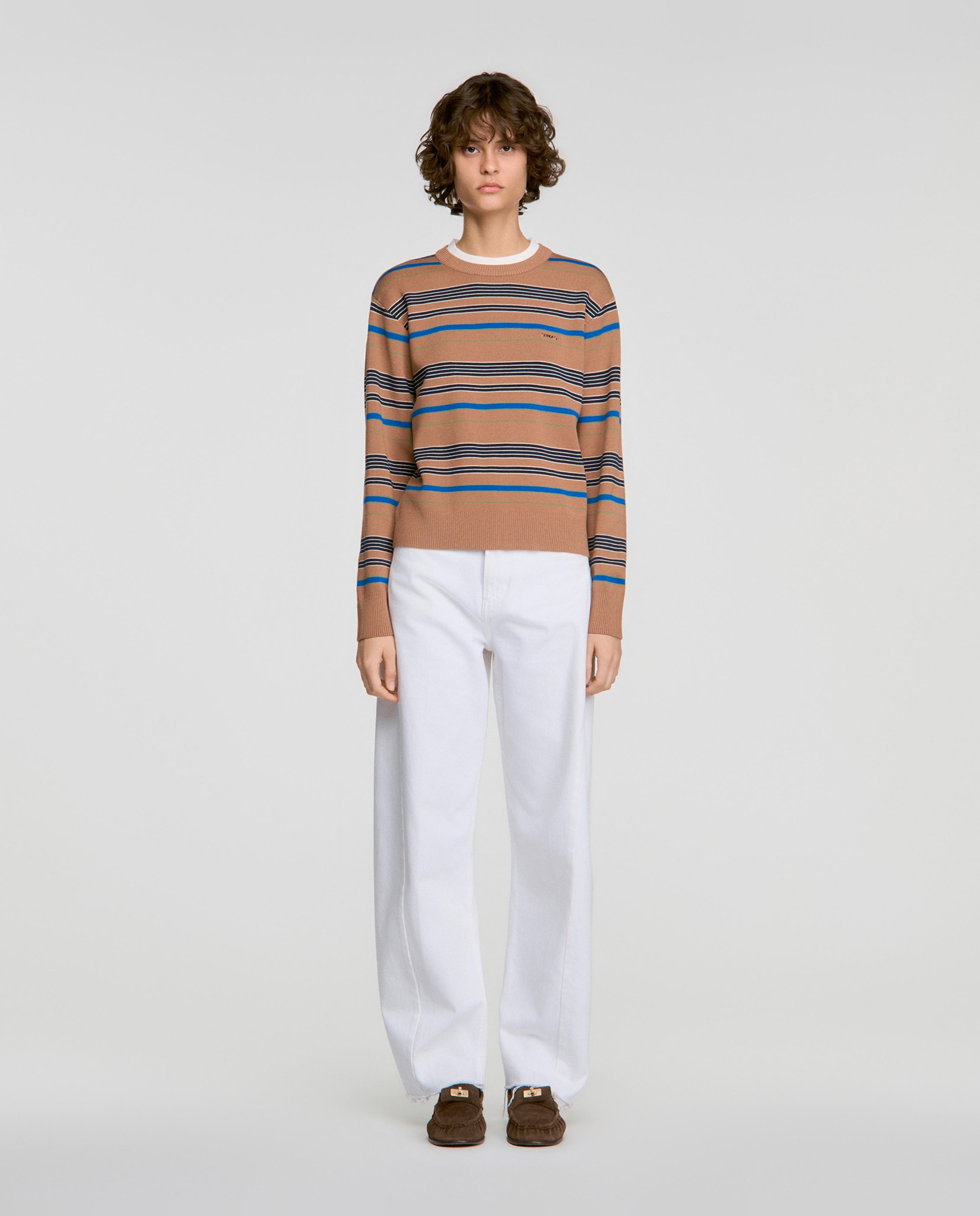 Jersey de mujer a rayas efecto 2 en 1 con cuello en contraste - Sandro - Camel Camel-4