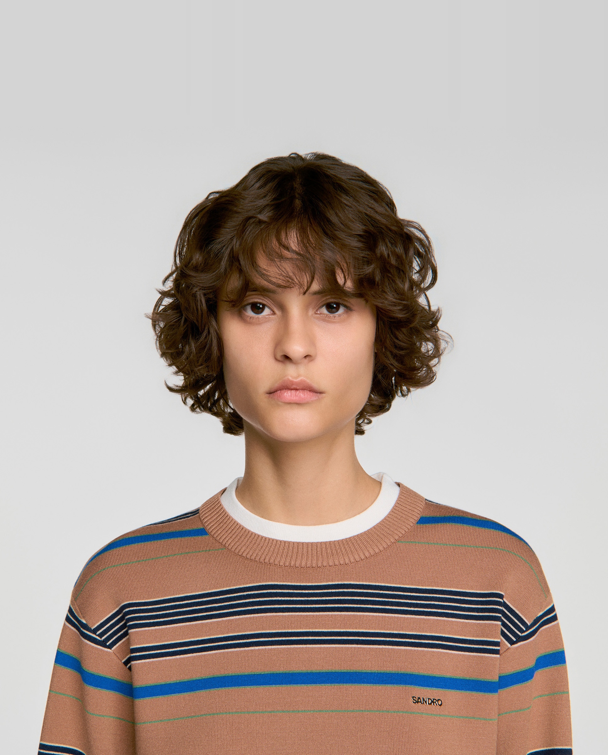 Jersey de mujer a rayas efecto 2 en 1 con cuello en contraste - Sandro - Camel Camel-5