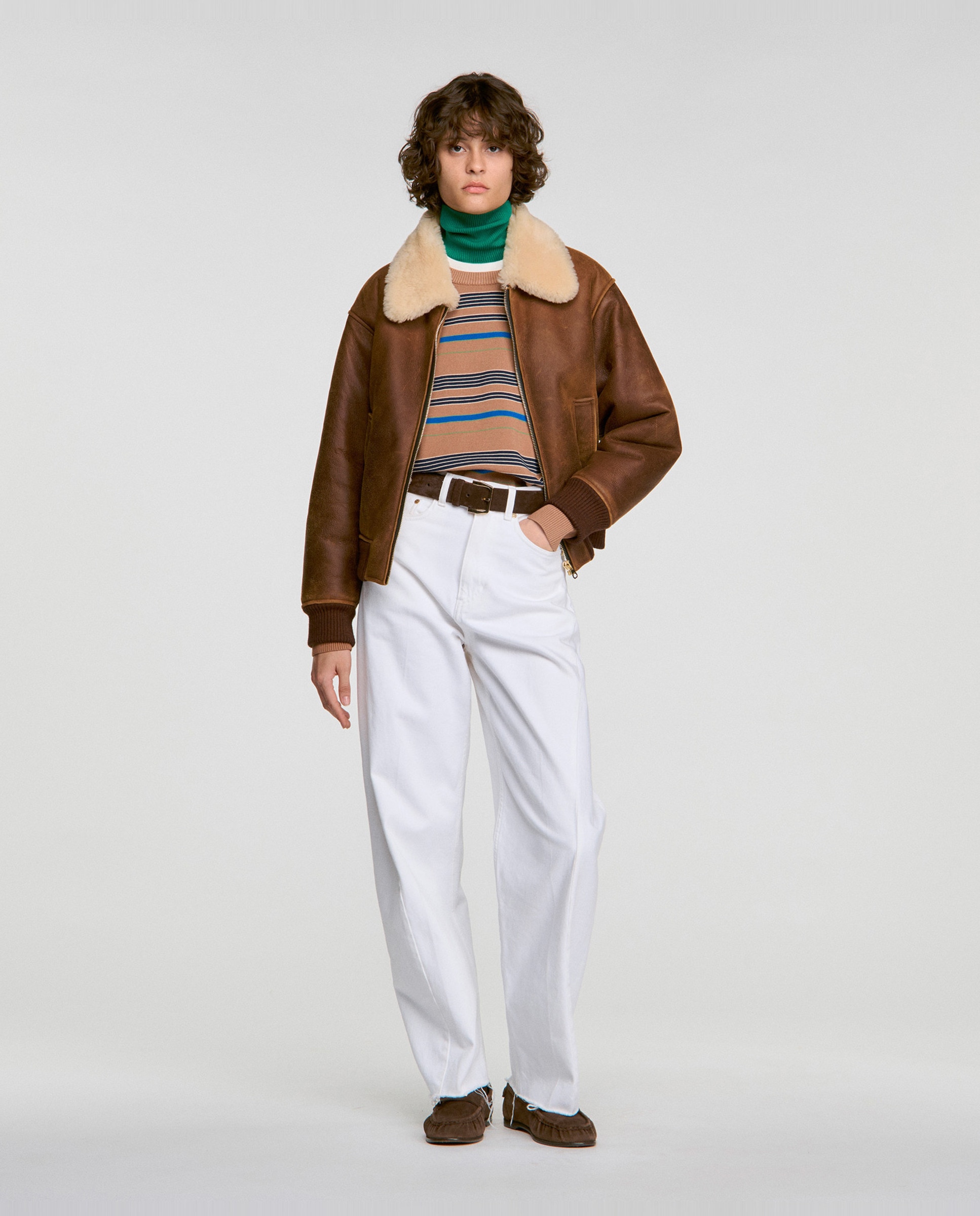 Jersey de mujer a rayas efecto 2 en 1 con cuello en contraste - Sandro - Camel Camel-6