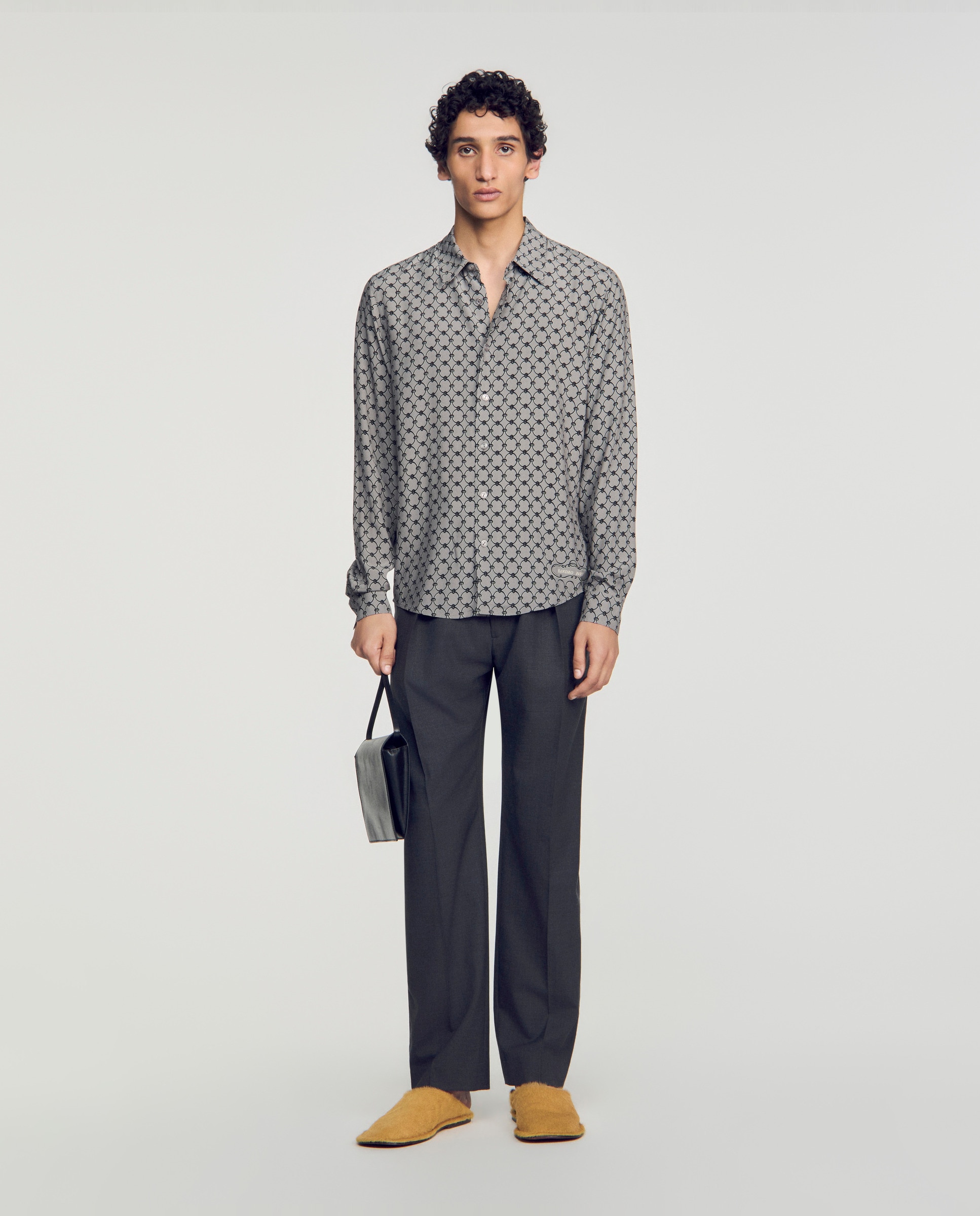 Camisa de hombre fluida cuello pajarita y estampado cadenas - Sandro - Gris Gris-4