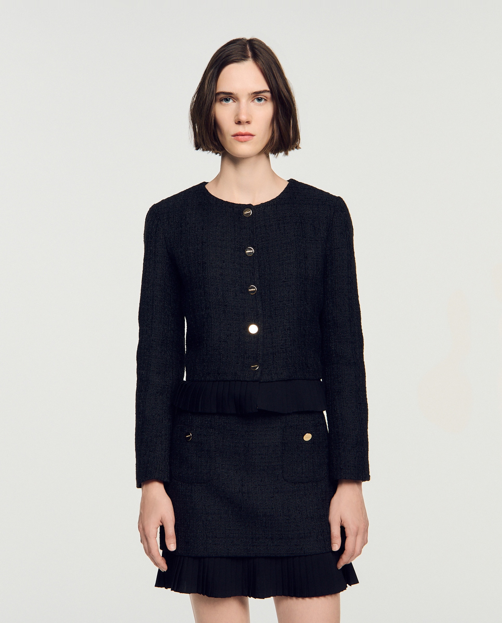 Chaqueta de mujer de tweed con volante plisado - Sandro - Negro Negro-1