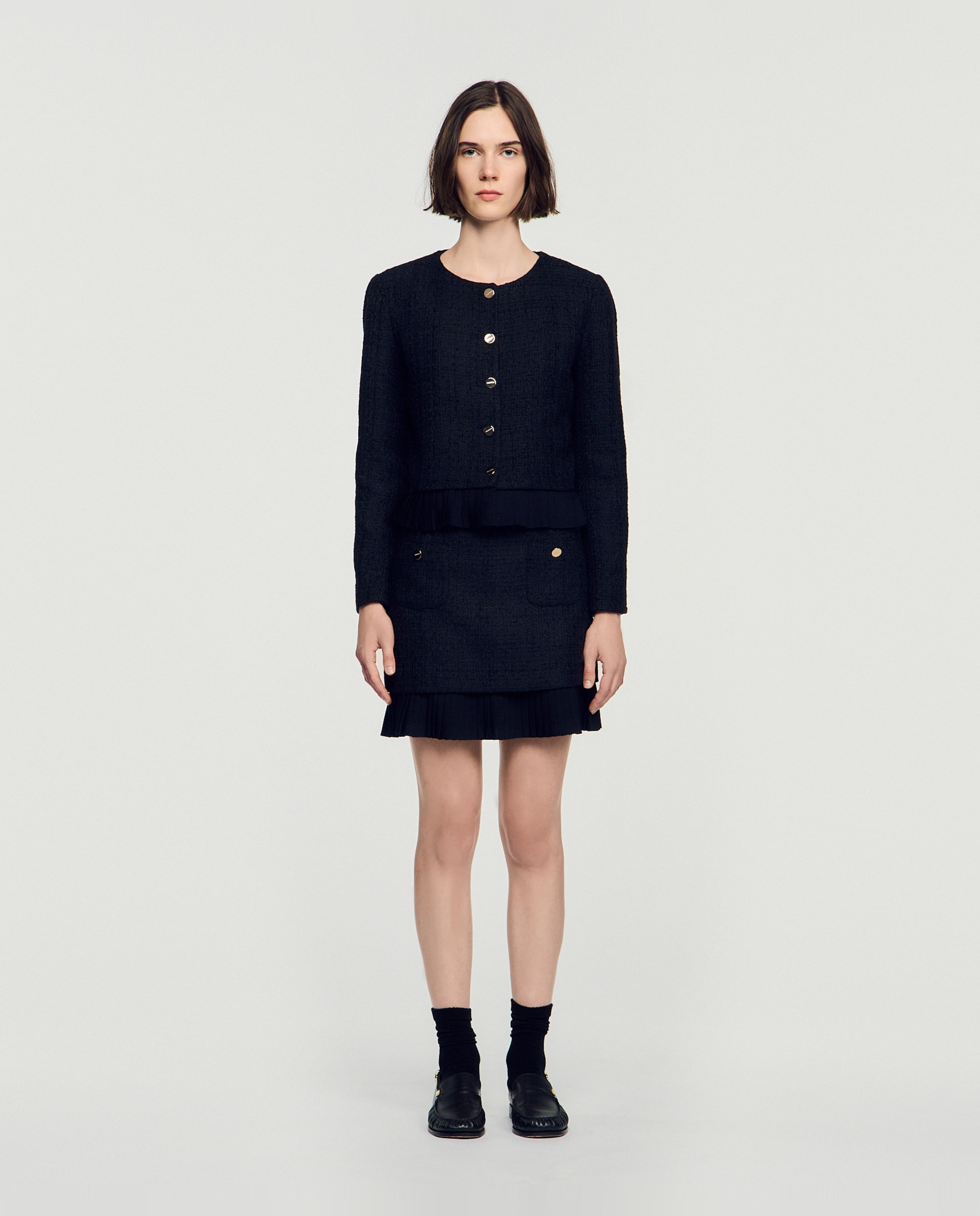 Chaqueta de mujer de tweed con volante plisado - Sandro - Negro Negro-3