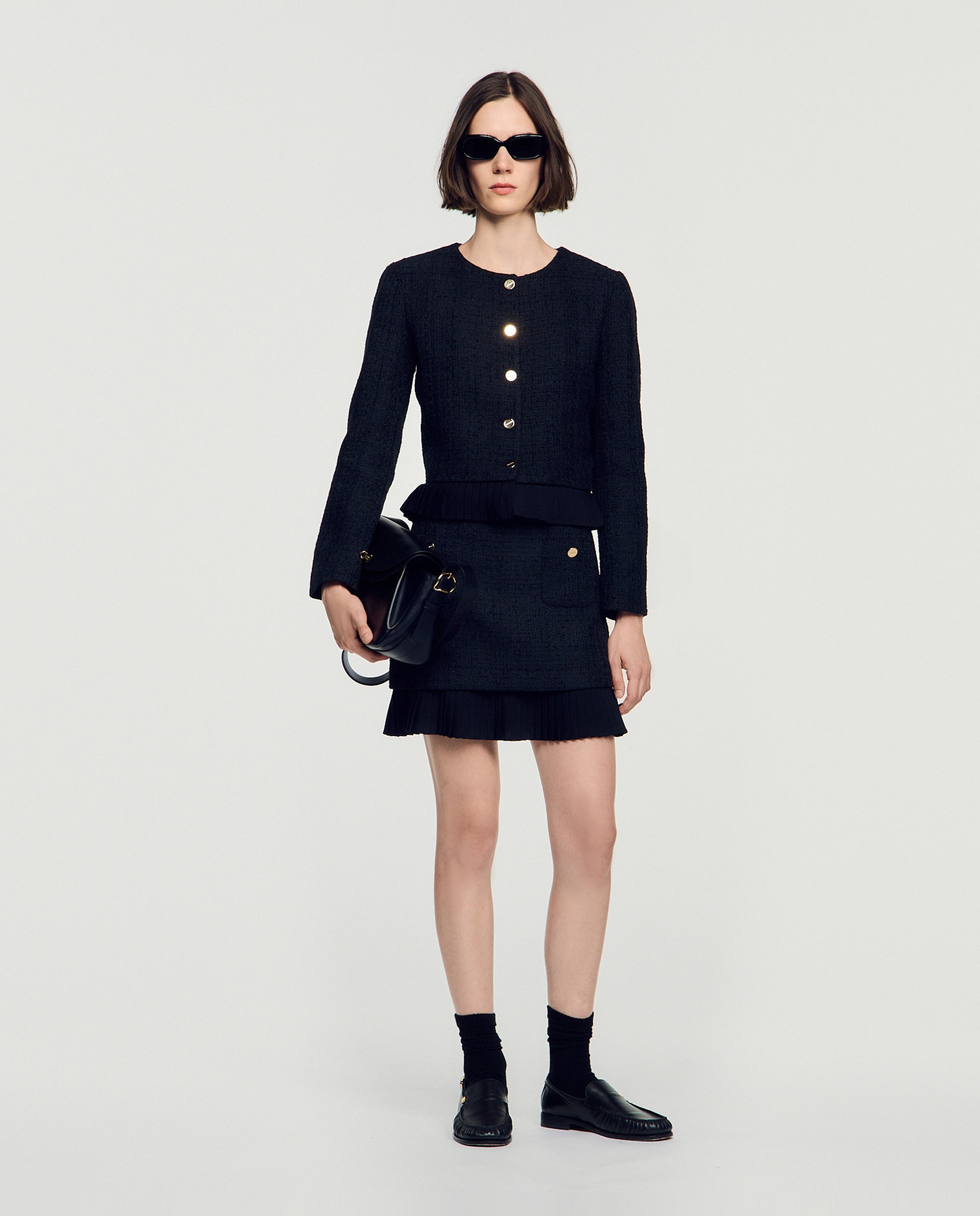 Chaqueta de mujer de tweed con volante plisado - Sandro - Negro Negro-5