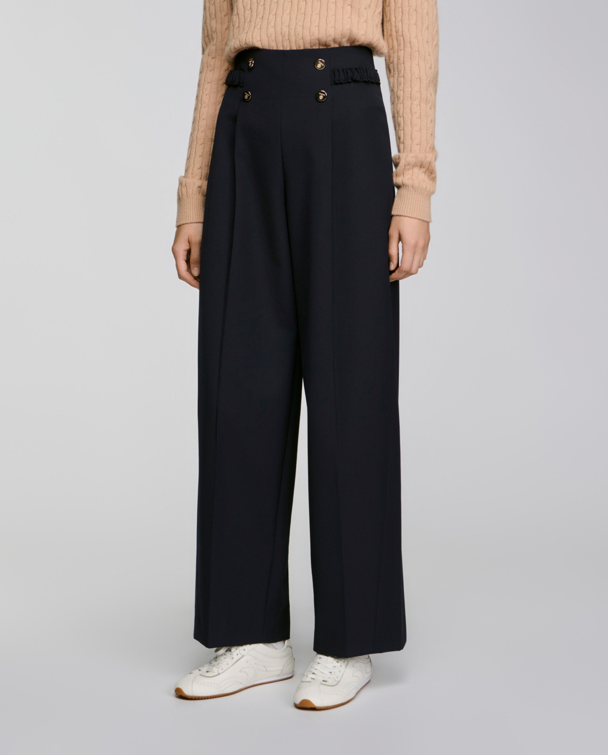 Pantalones anchos de mujer de talle alto con botones y pliegues con lana - Sandro - Azul marino Azul marino-2