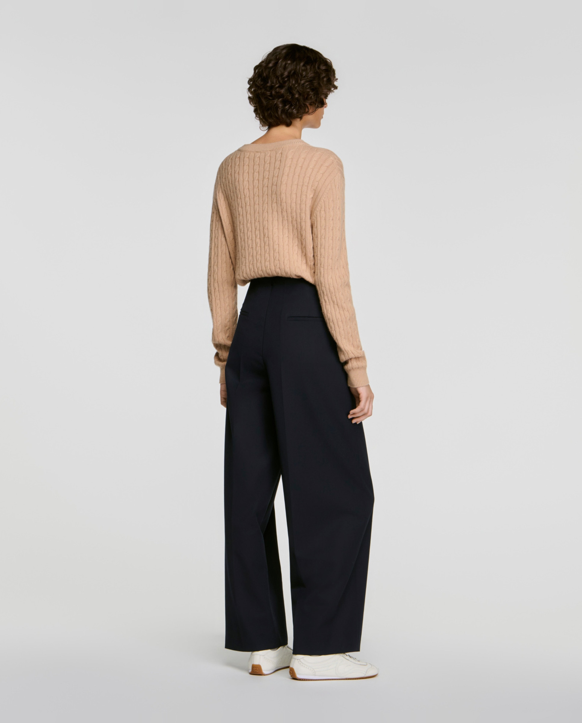 Pantalones anchos de mujer de talle alto con botones y pliegues con lana - Sandro - Azul marino Azul marino-3