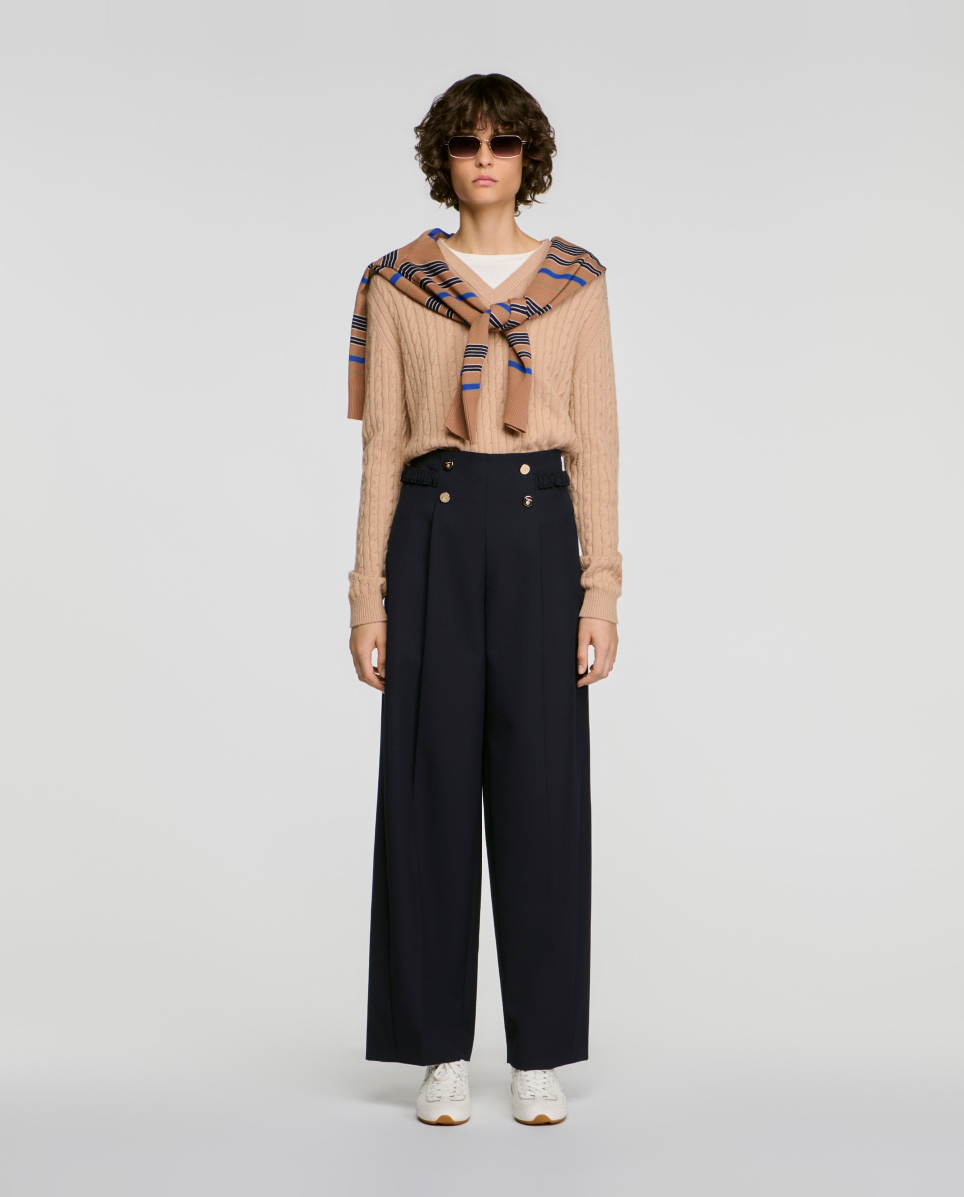 Pantalones anchos de mujer de talle alto con botones y pliegues con lana - Sandro - Azul marino Azul marino-5
