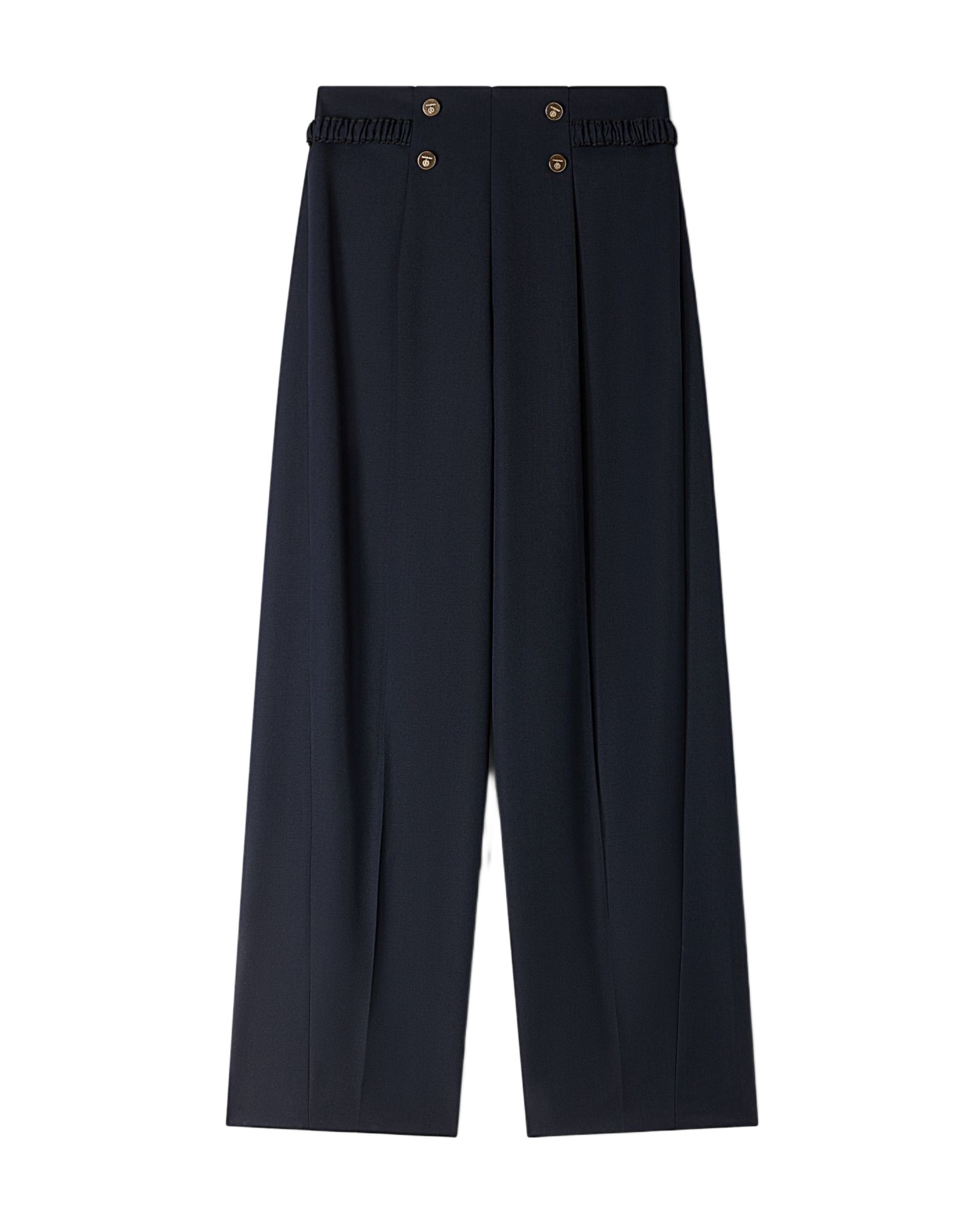Pantalones anchos de mujer de talle alto con botones y pliegues con lana - Sandro - Azul marino Azul marino-6
