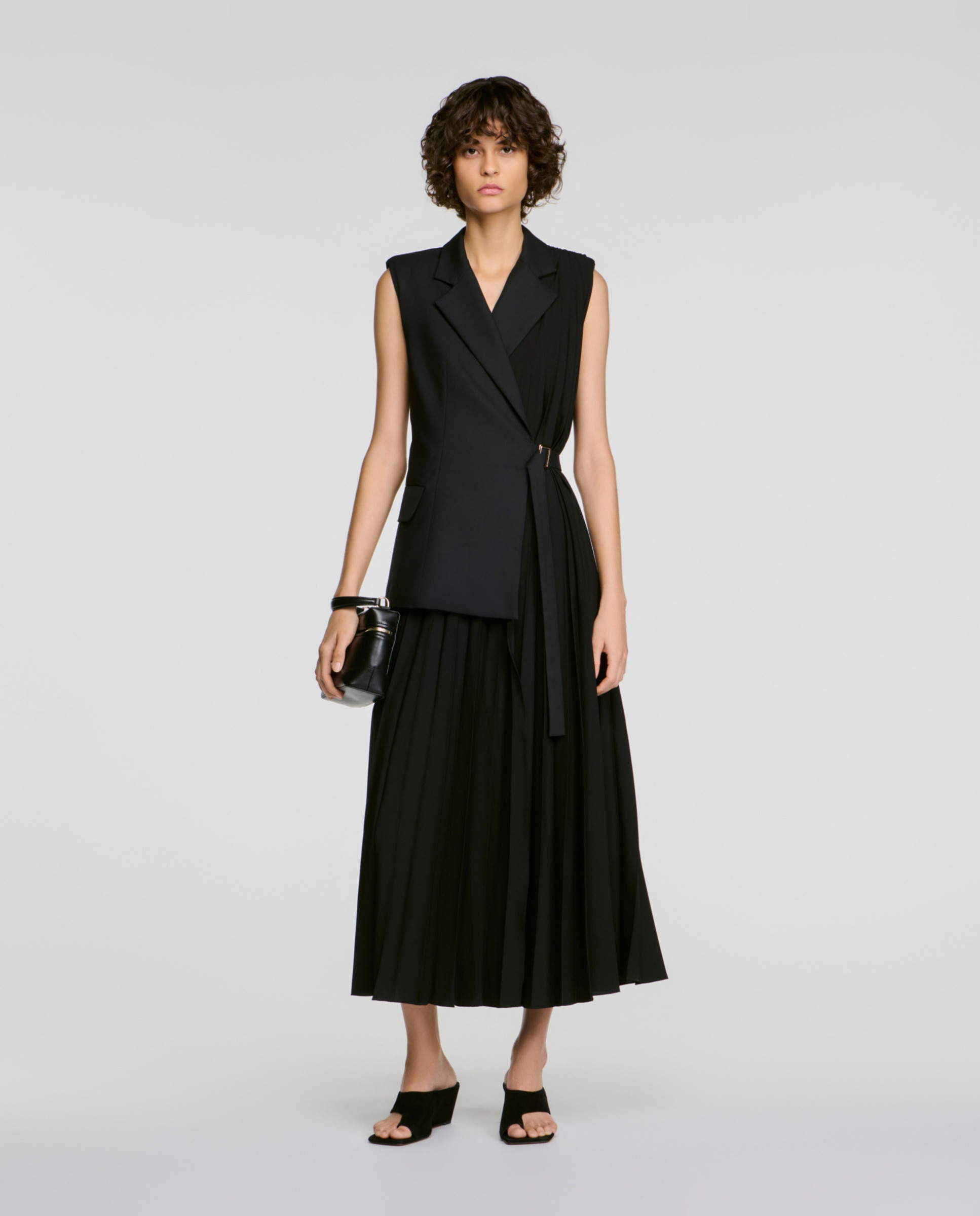 Vestido midi cruzado 2 en 1 asimétrico - Sandro - Negro Negro-4
