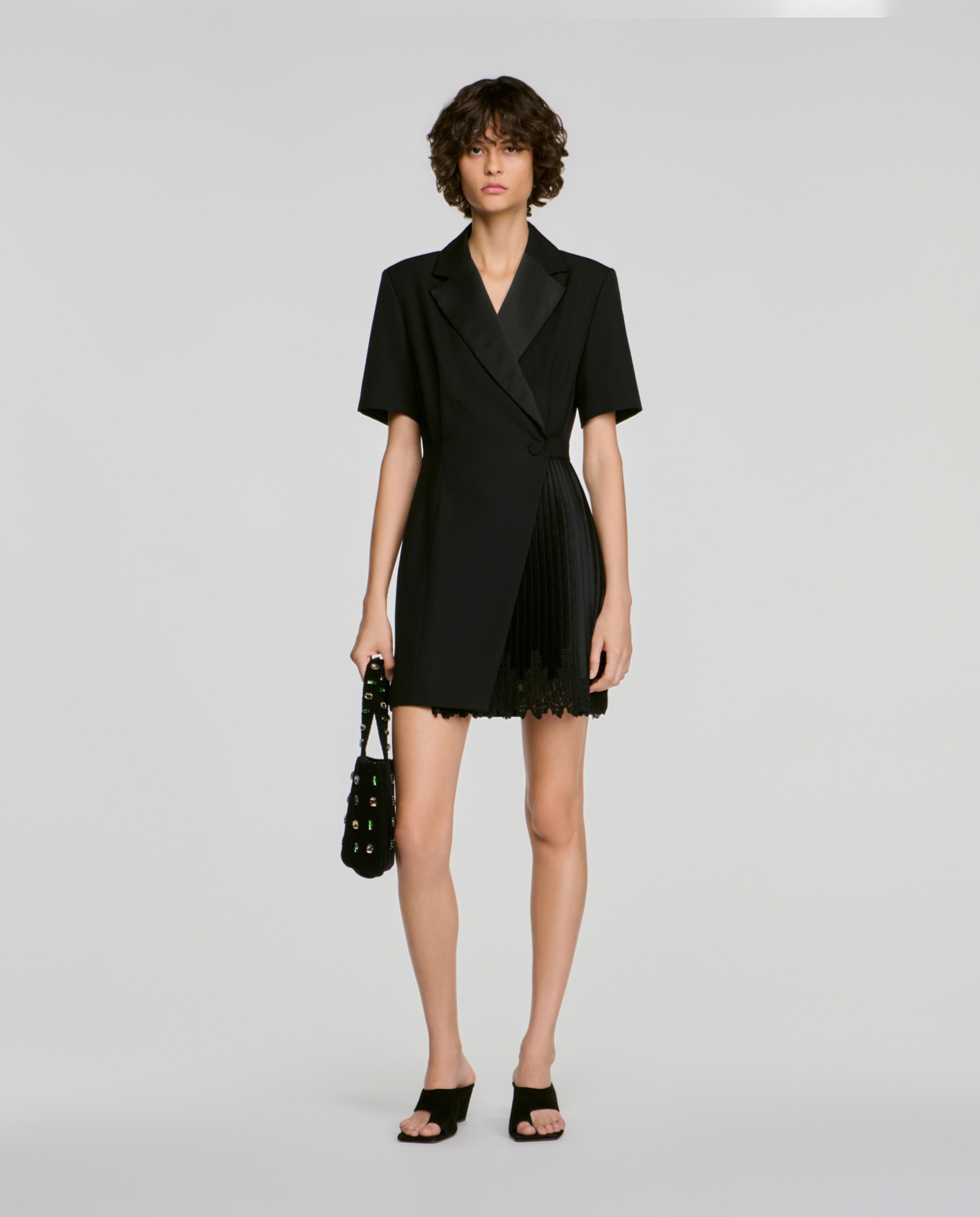 Vestido corto cruzado con encaje y cuello sastre - Sandro - Negro Negro-2