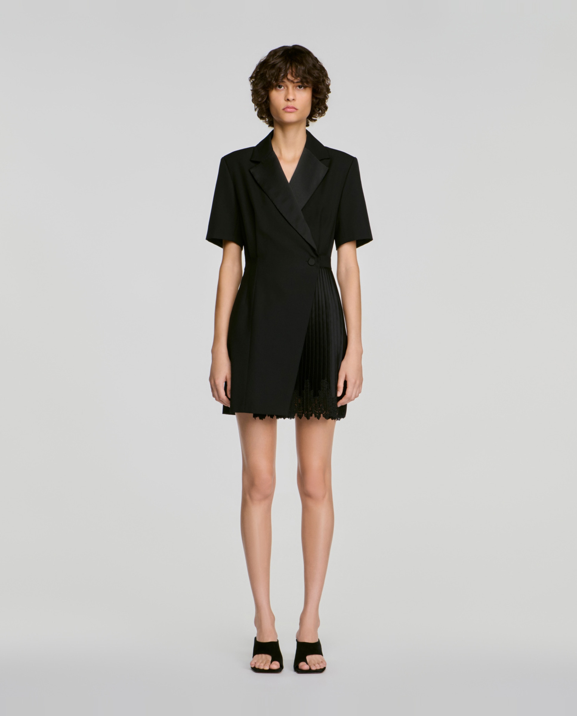 Vestido corto cruzado con encaje y cuello sastre - Sandro - Negro Negro-3